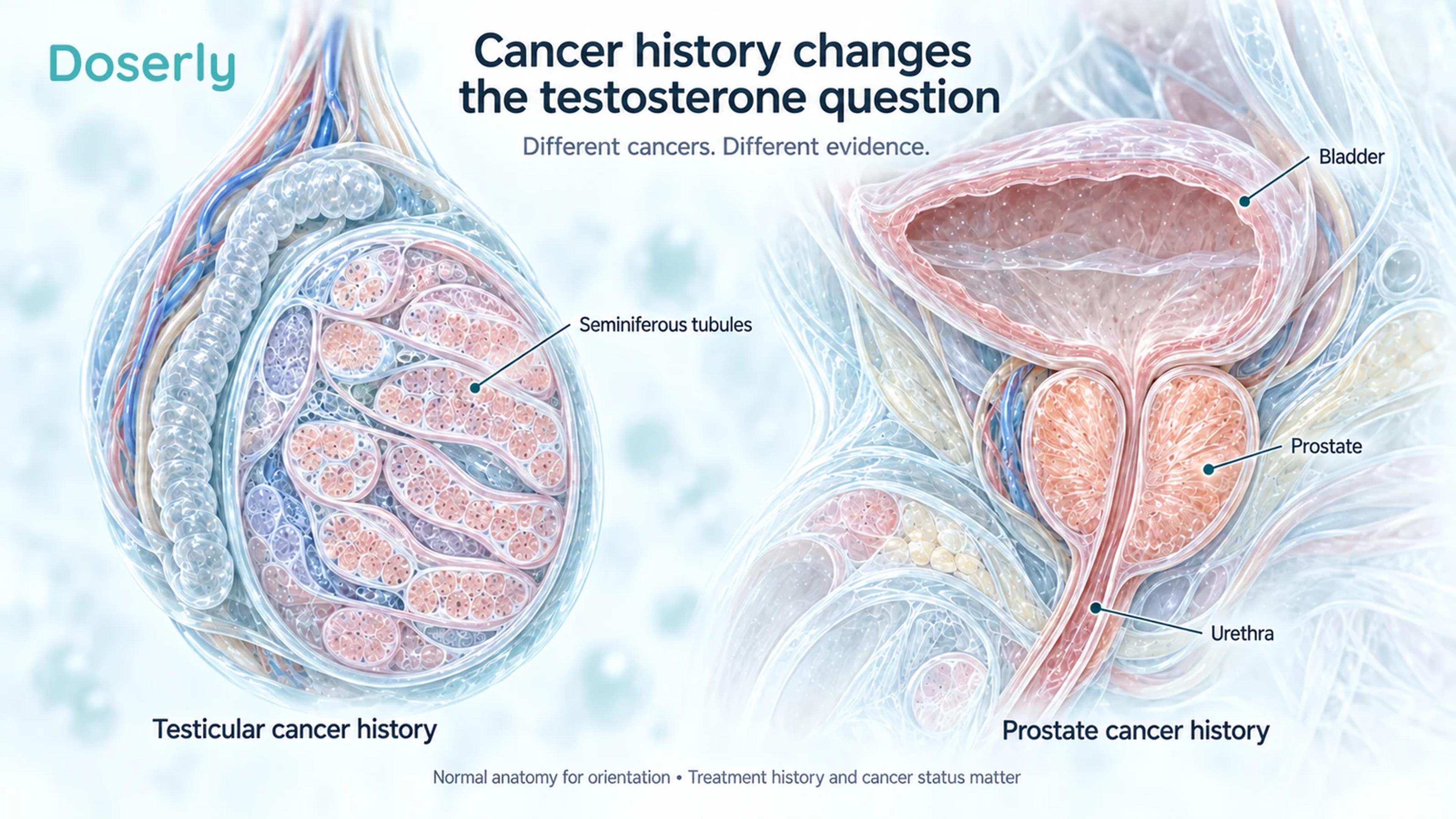 Separate normal anatomical illustrations of a testis and the bladder-prostate region locate two different cancer histories without depicting a post-surgical patient.