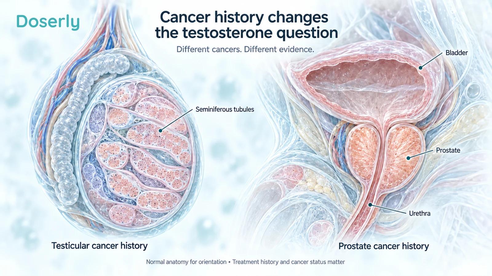 Separate normal anatomical illustrations of a testis and the bladder-prostate region locate two different cancer histories without depicting a post-surgical patient.