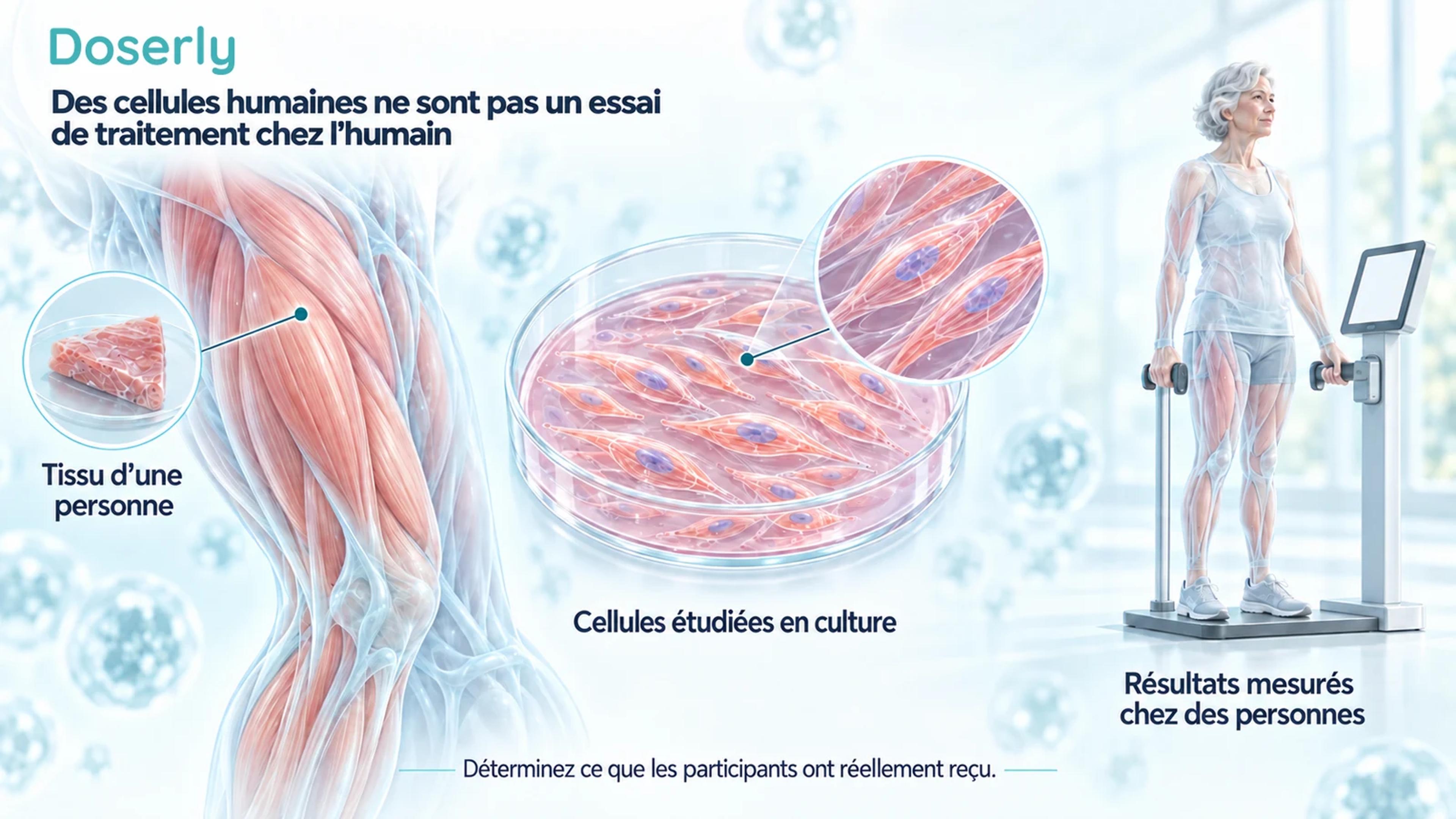 Un échantillon de muscle humain, des cellules musculaires en culture et une autre personne qui subit une évaluation clinique illustrent trois contextes de recherche différents.