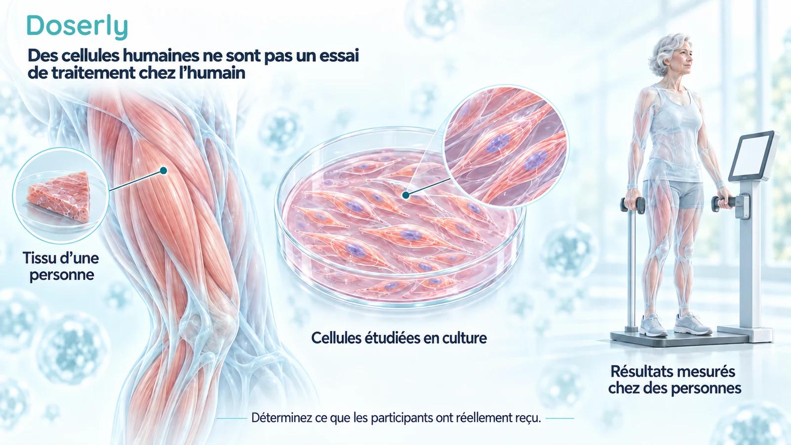 Un échantillon de muscle humain, des cellules musculaires en culture et une autre personne qui subit une évaluation clinique illustrent trois contextes de recherche différents.