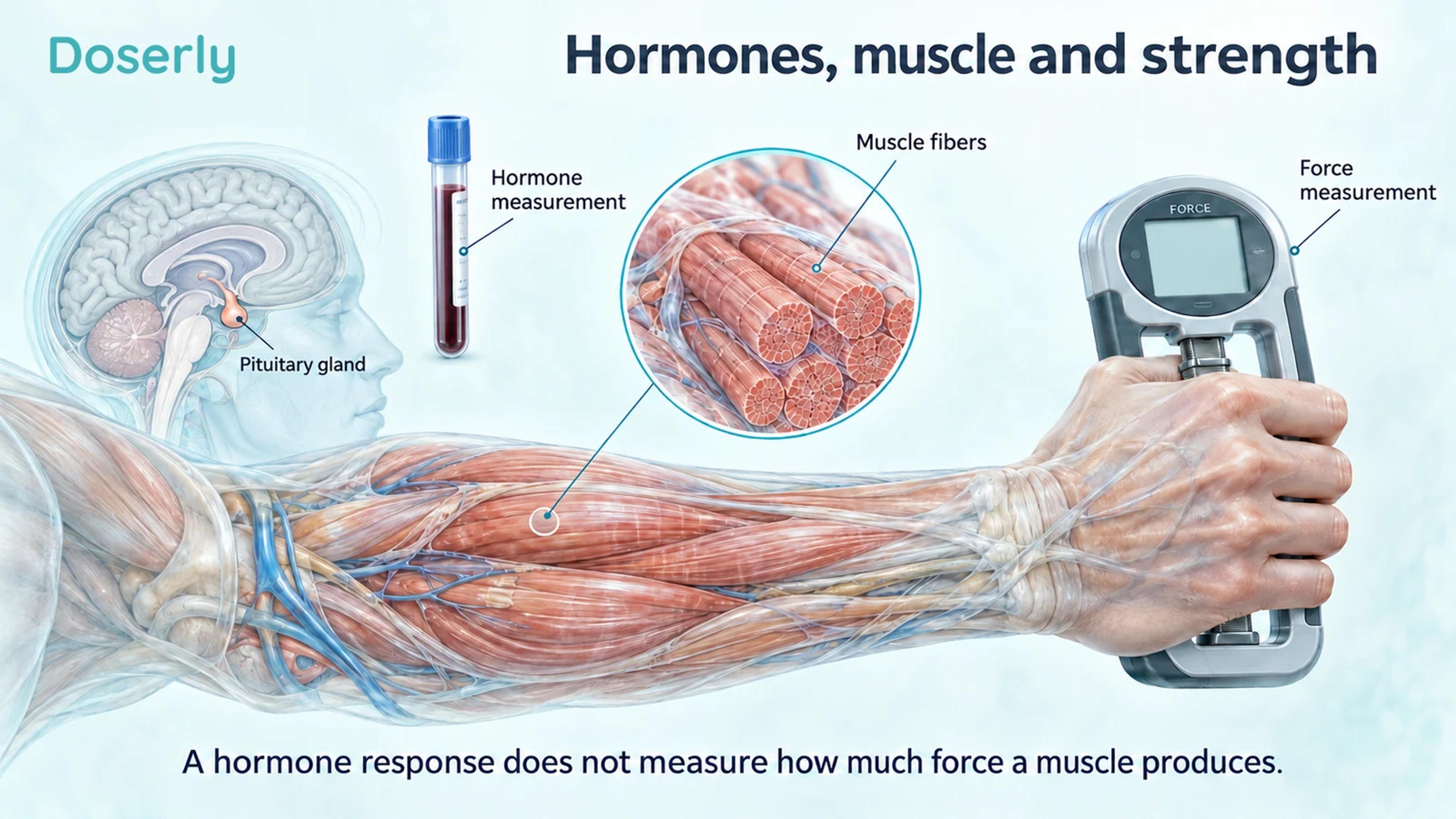 A pituitary and blood sample beside a detailed forearm gripping a strength dynamometer, separating hormone measurement from force testing.