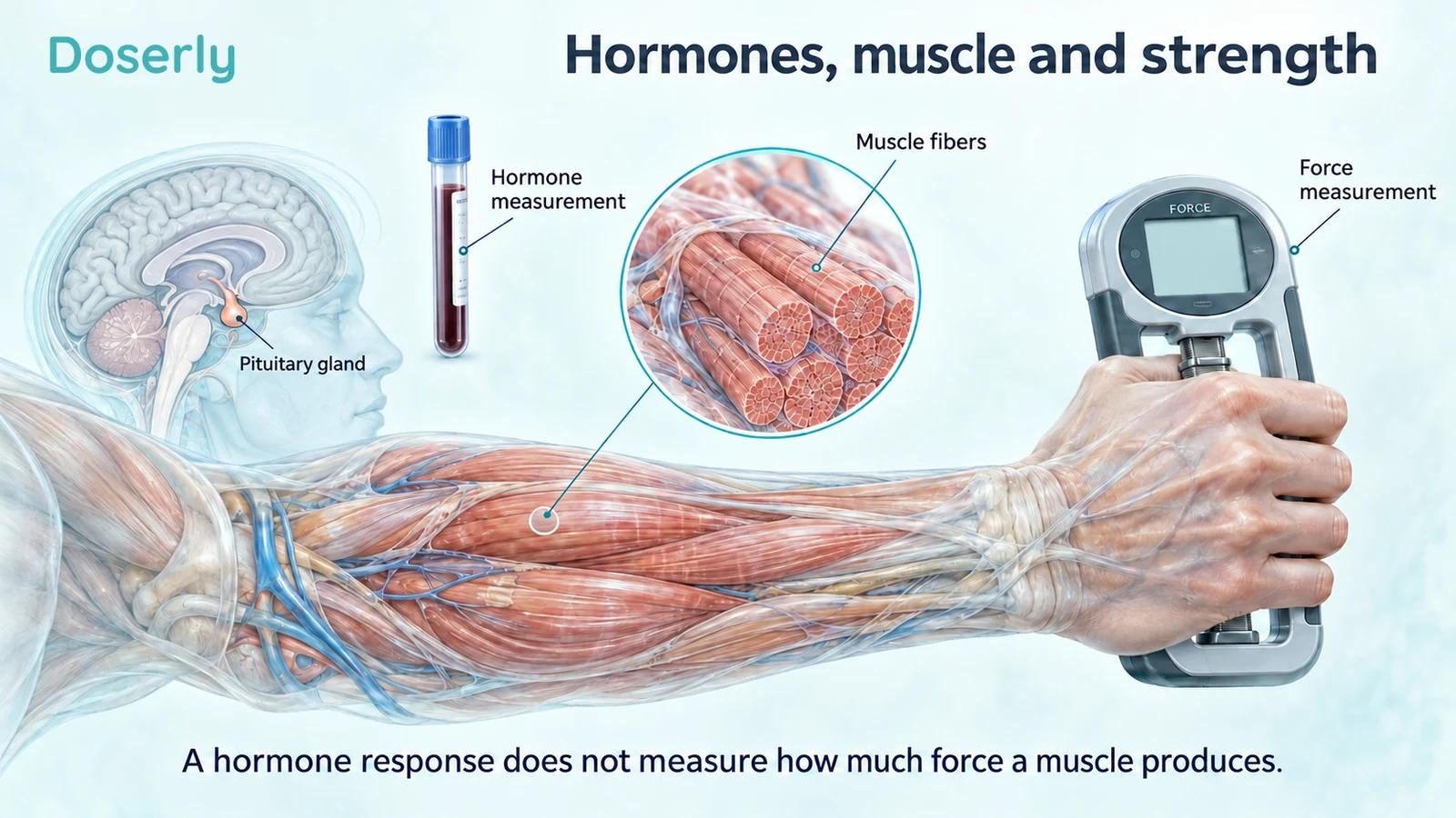A pituitary and blood sample beside a detailed forearm gripping a strength dynamometer, separating hormone measurement from force testing.