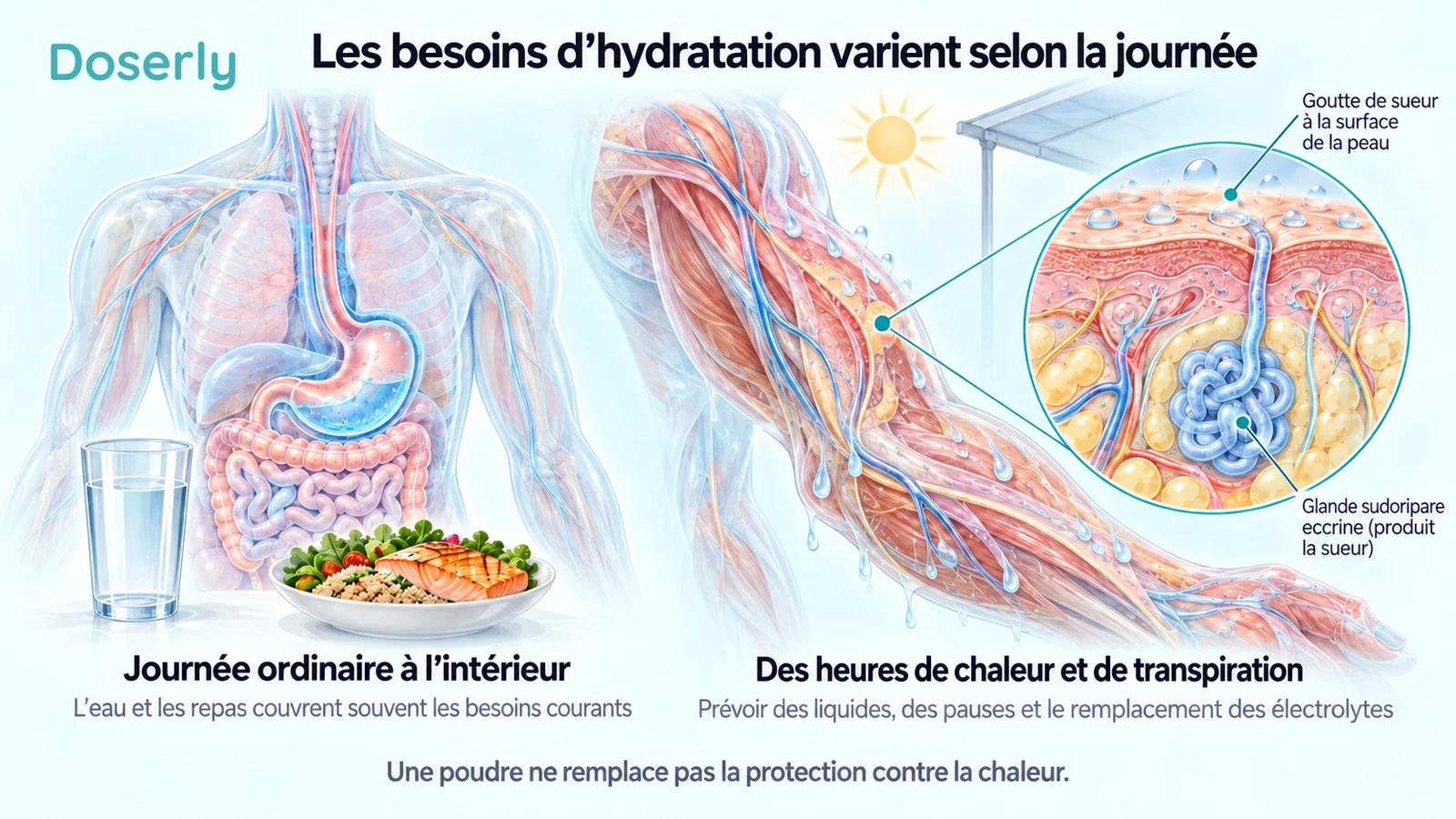 Torse translucide détaillé à côté d’eau et d’aliments, avec une vue anatomique de l’avant-bras et une coupe agrandie de glande sudoripare illustrant la transpiration prolongée.