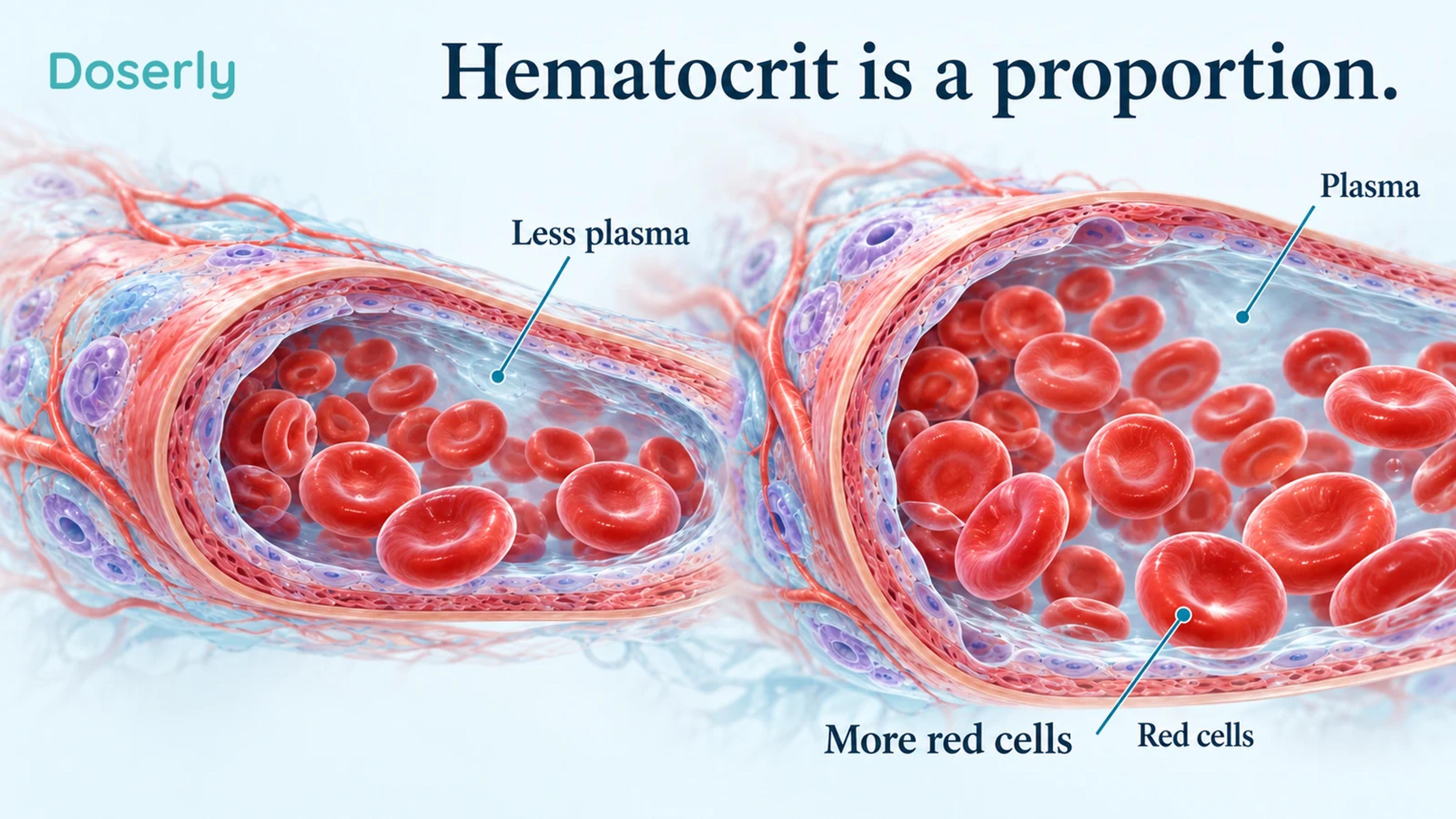 Two blood-vessel cutaways distinguish reduced plasma volume from increased red-cell production without showing measured patient values.