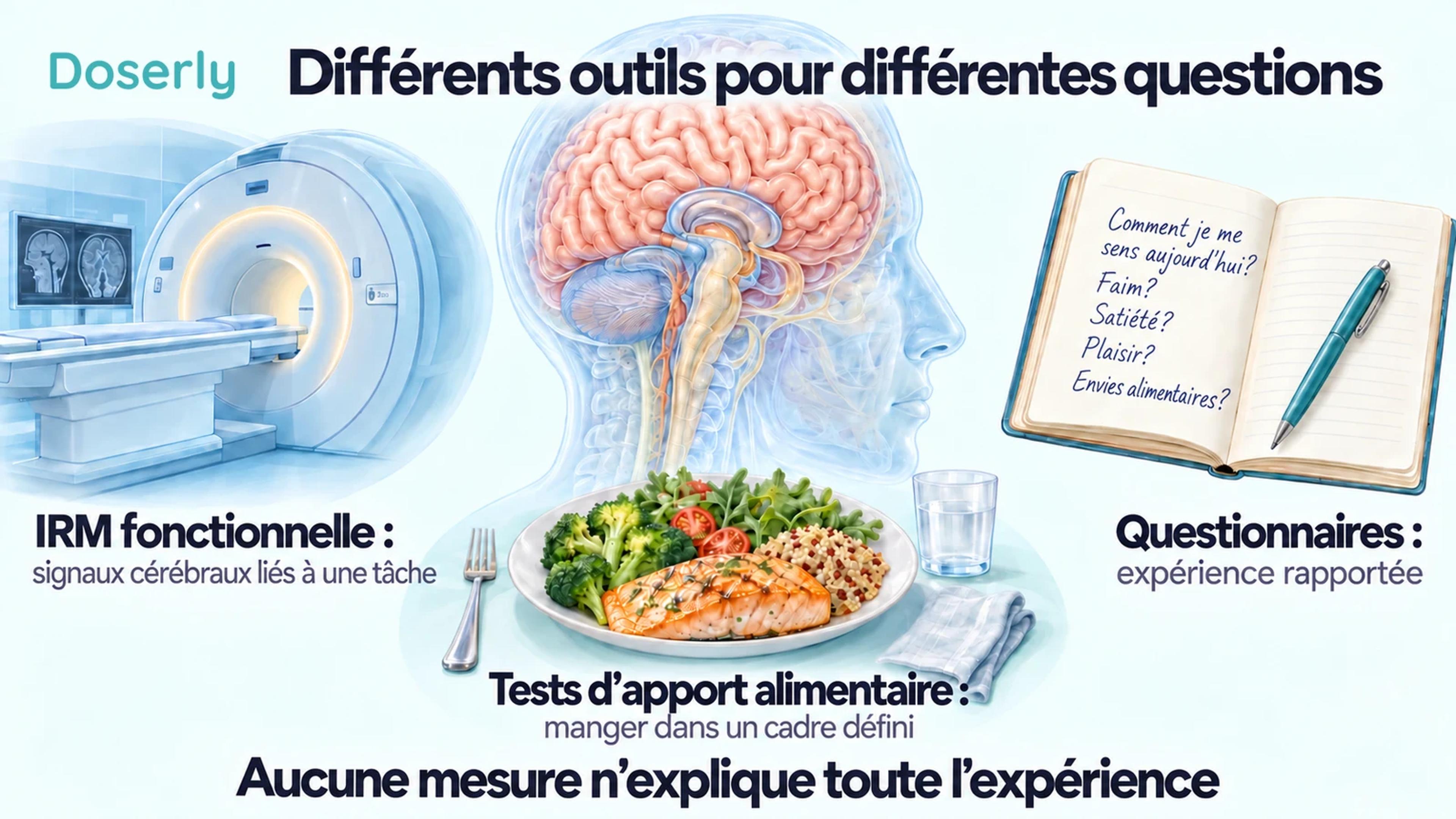 Un cerveau anatomique, un appareil d’IRM, un journal et un repas illustrent différentes mesures de recherche