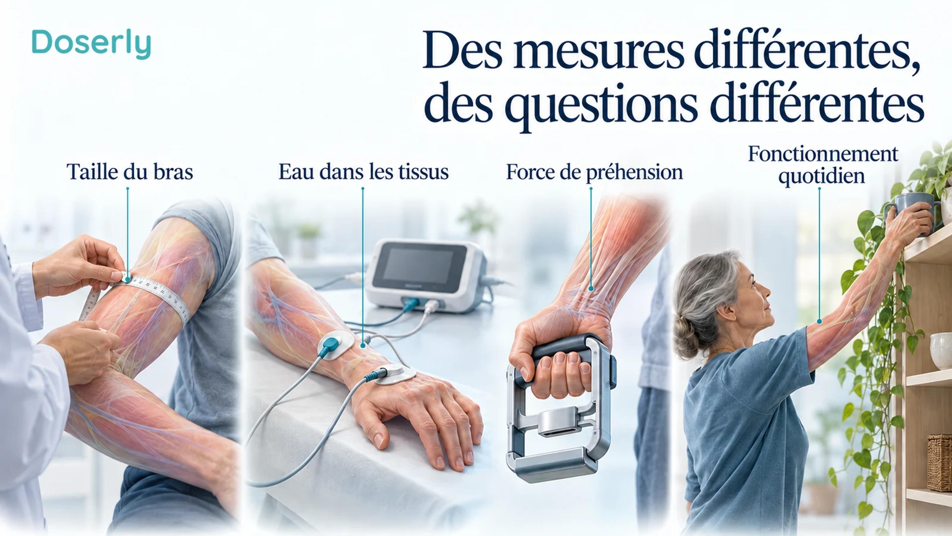 Quatre vues conceptuelles montrent la circonférence du bras, l’évaluation de l’eau dans les tissus, un test de force de préhension et une personne qui tend le bras vers une tablette.