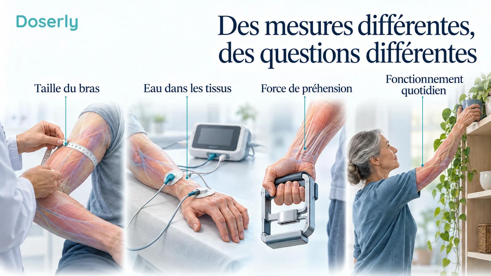 Quatre vues conceptuelles montrent la circonférence du bras, l’évaluation de l’eau dans les tissus, un test de force de préhension et une personne qui tend le bras vers une tablette.