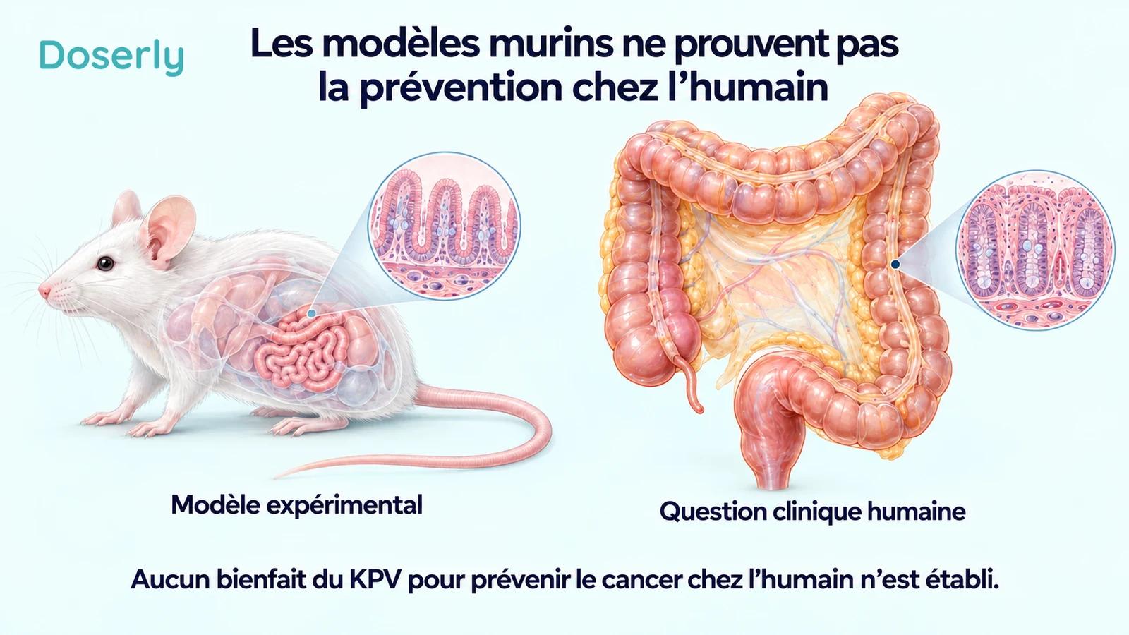 Une souris de laboratoire et un côlon humain illustrés séparément pour distinguer un modèle expérimental d’une question clinique humaine.