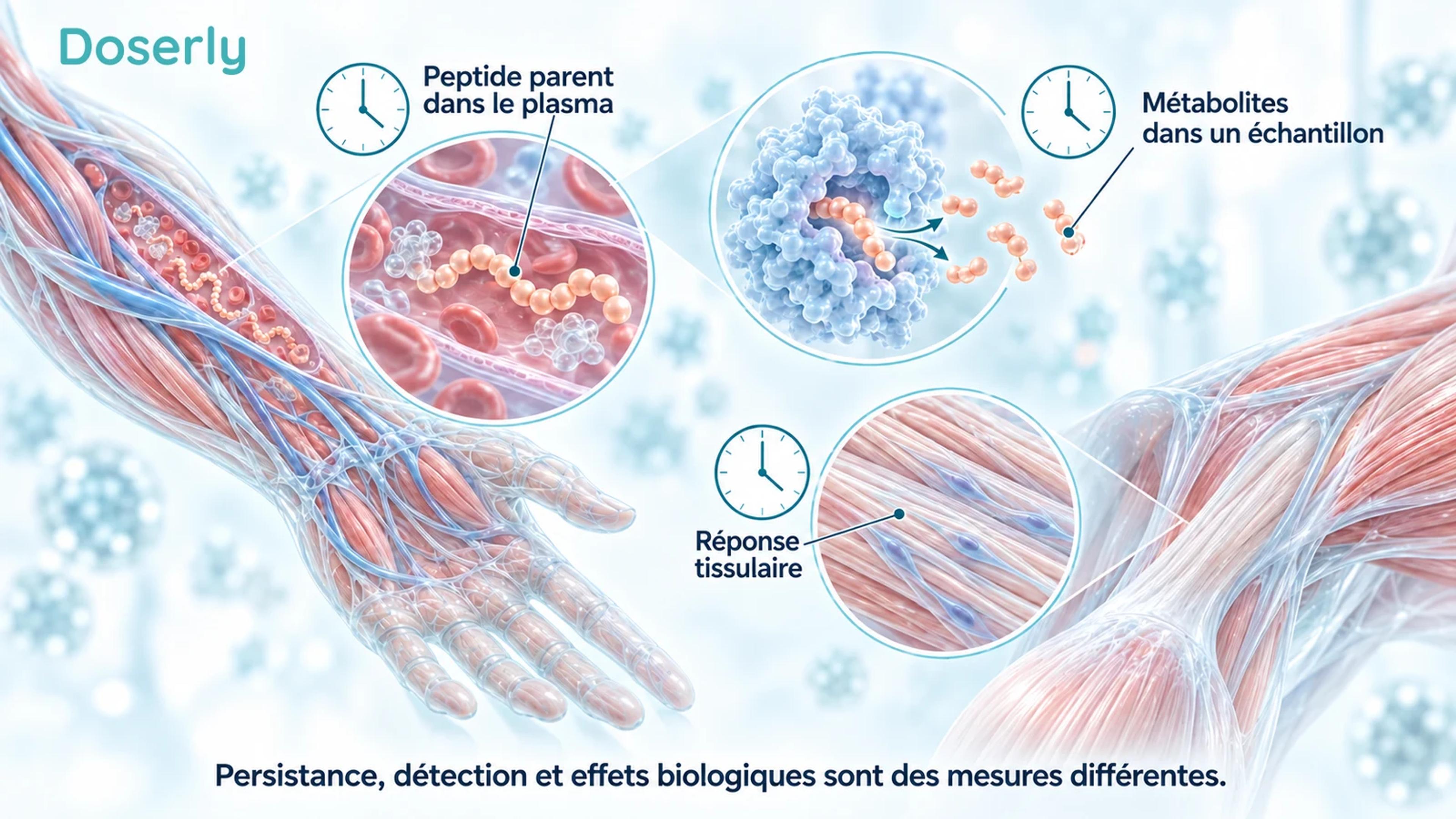 Illustration vasculaire et tissulaire détaillée distinguant le peptide parent, les métabolites et la réponse tissulaire