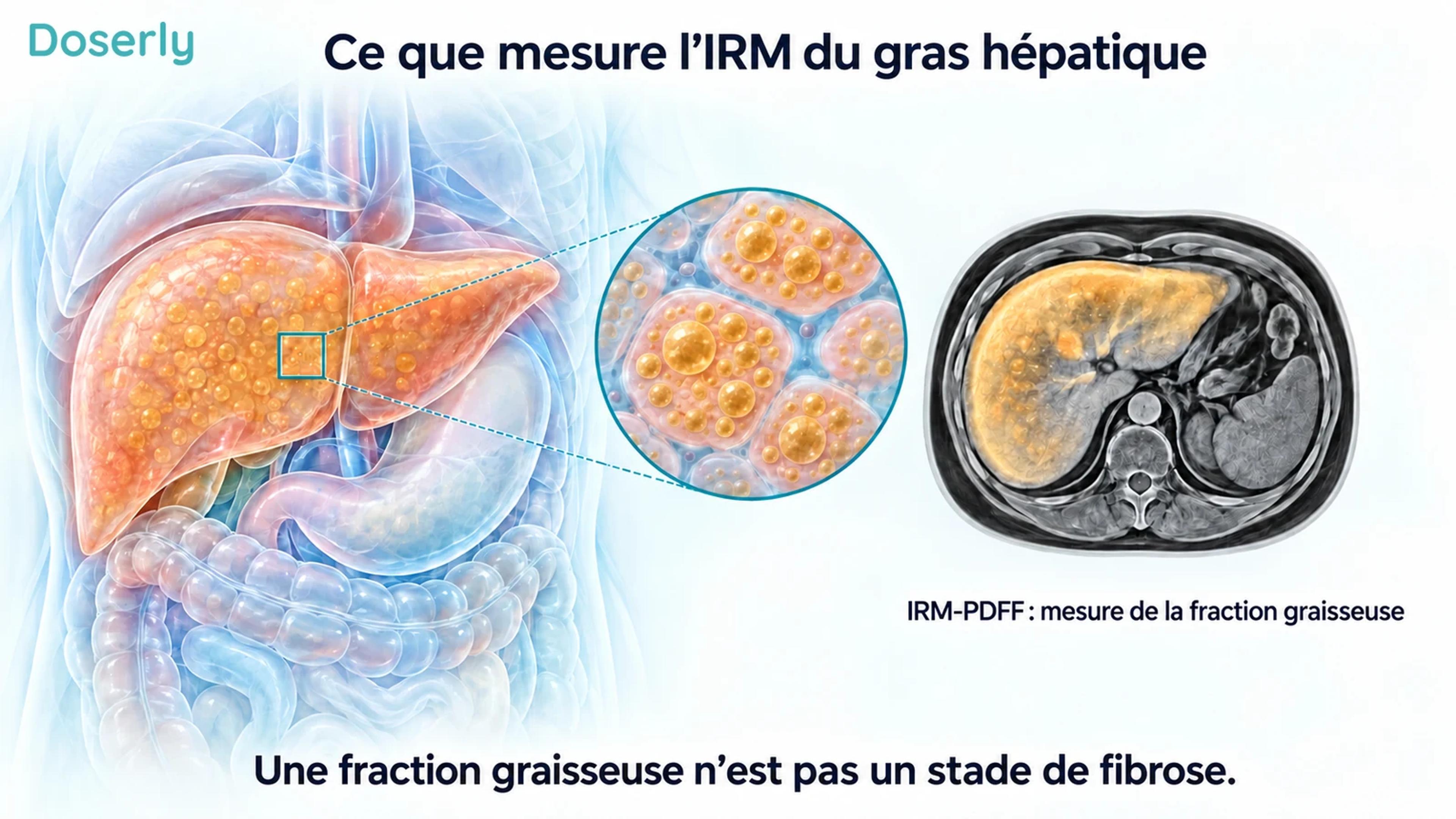Illustration d’un foie et d’un hépatocyte expliquant les signaux du gras et de l’eau dans une représentation conceptuelle de la mesure de la fraction graisseuse par IRM.