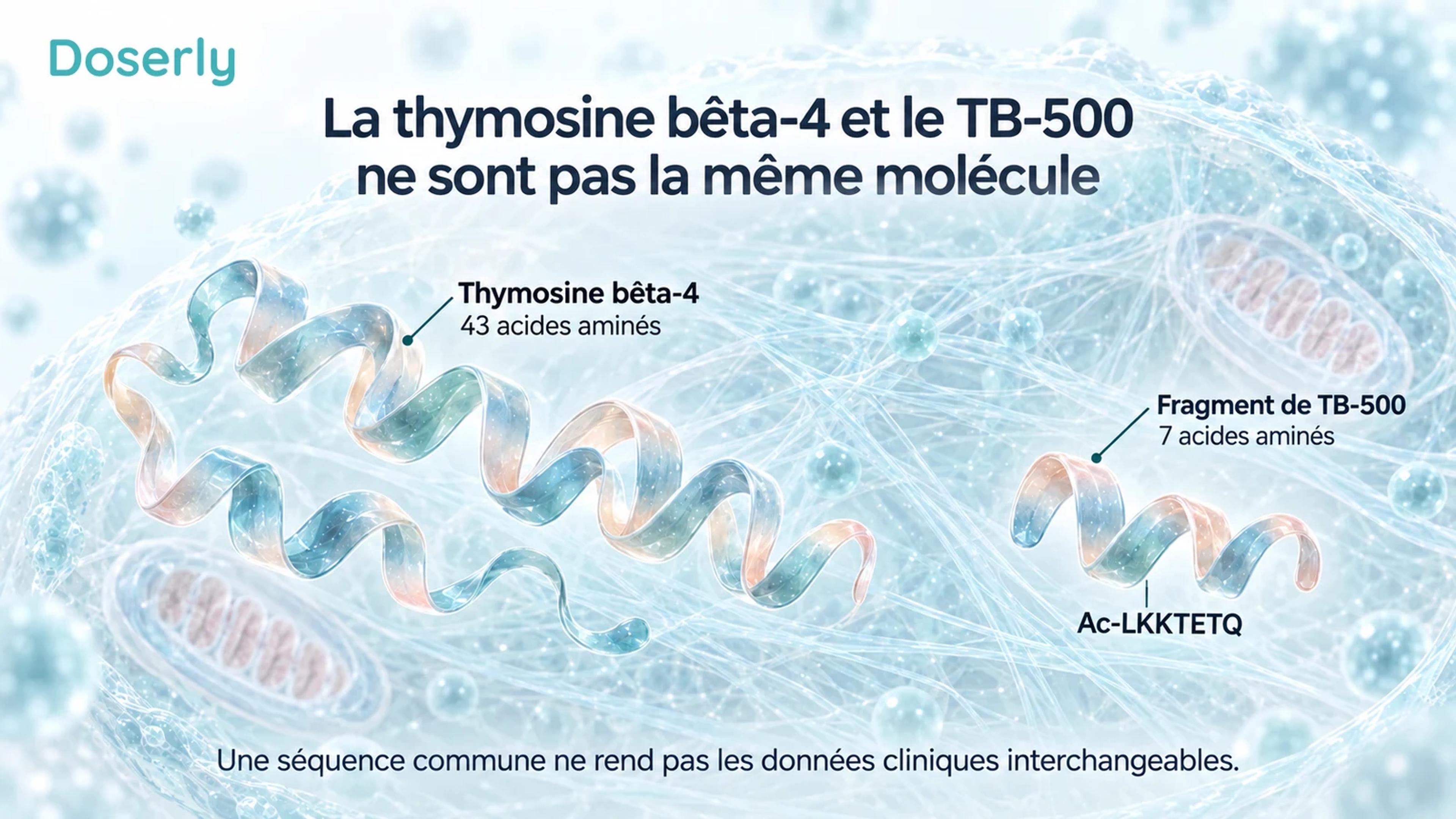 Représentation conceptuelle d’un long ruban de thymosine bêta-4 et d’un court fragment de TB-500 devant un réseau translucide d’actine cellulaire.
