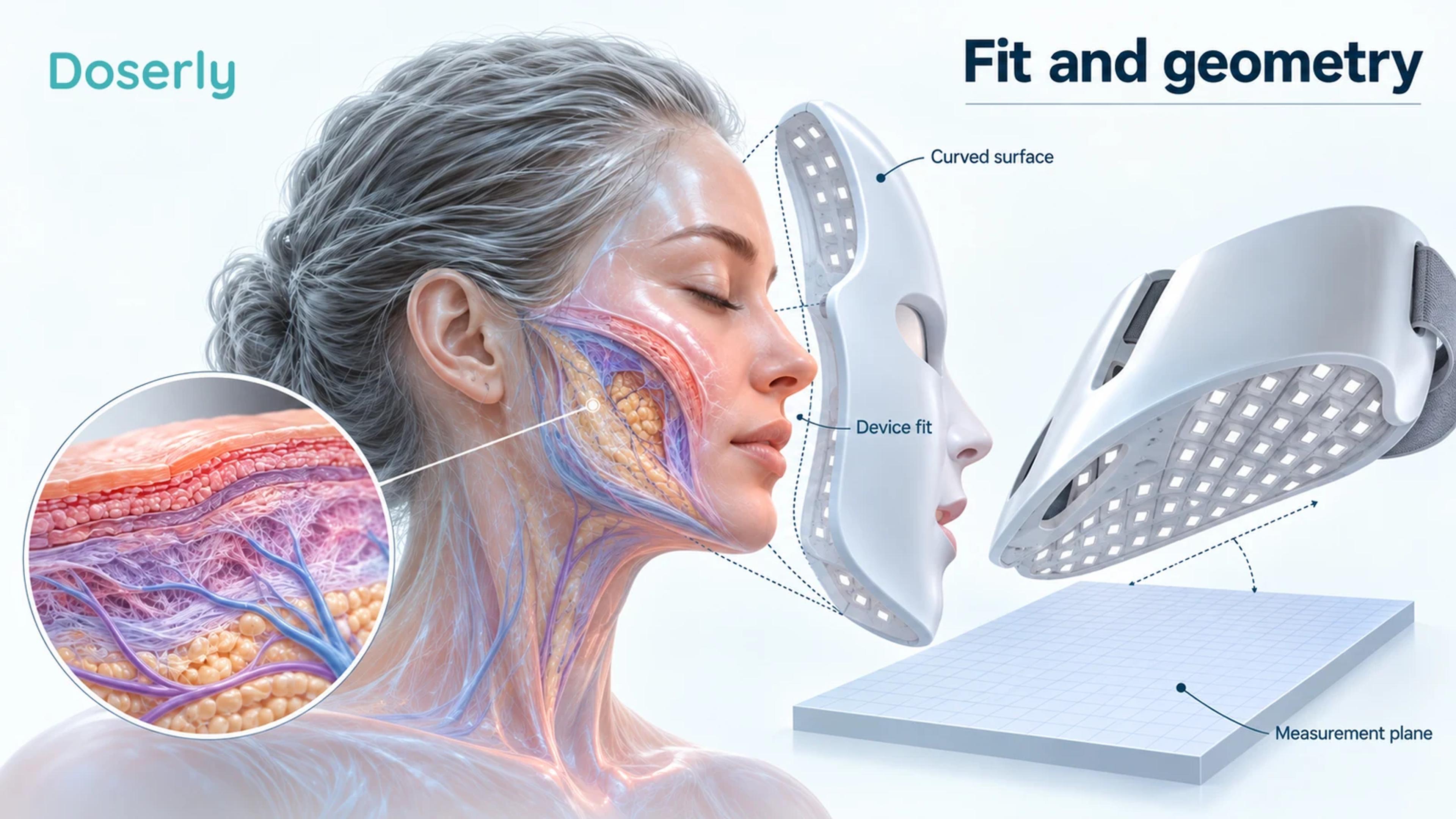 A curved face and a flat measurement plane illustrate why device fit, angle and distance can change illumination.