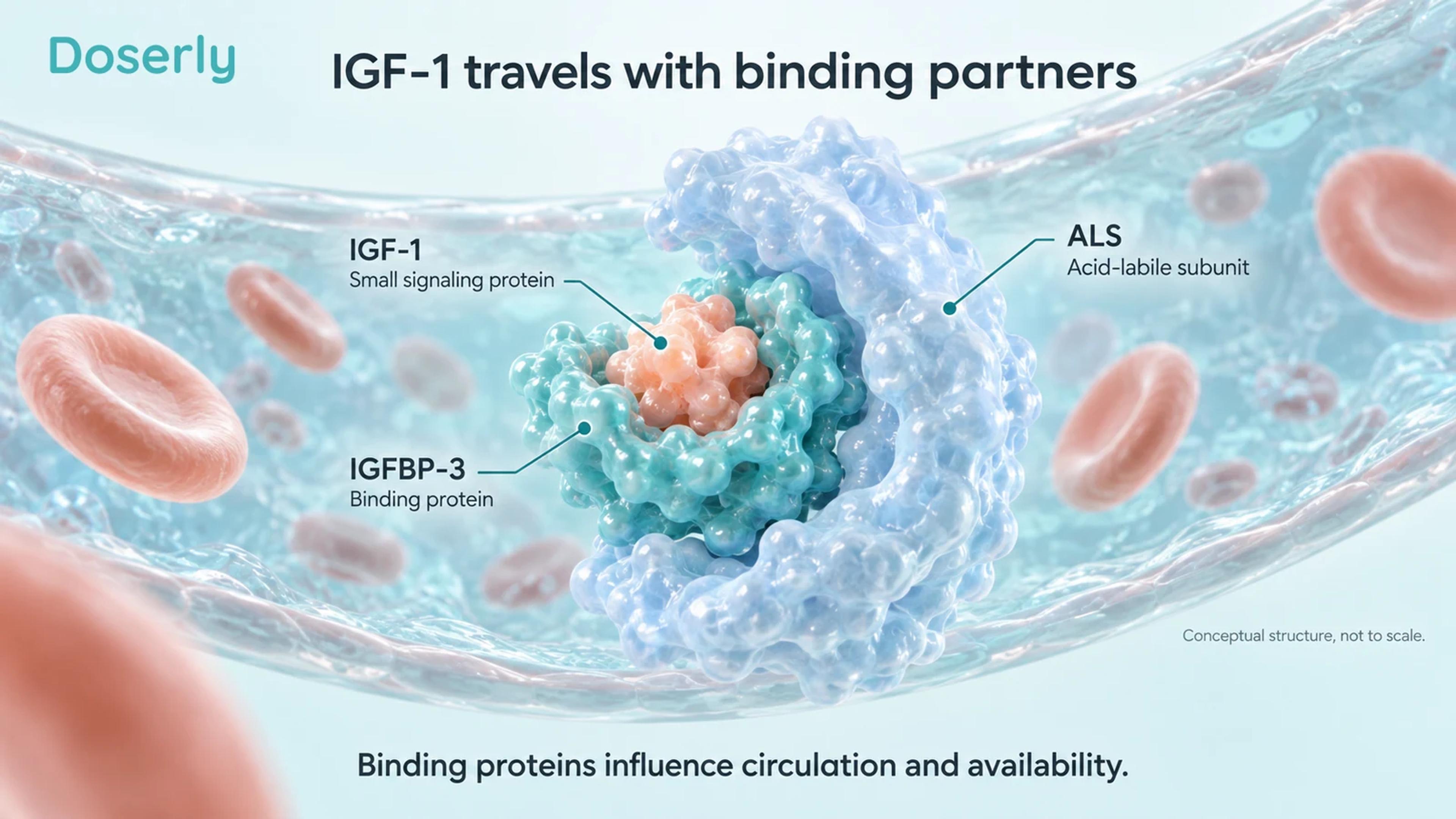 Conceptual IGF-1, IGFBP-3 and ALS complex enlarged within a blood vessel