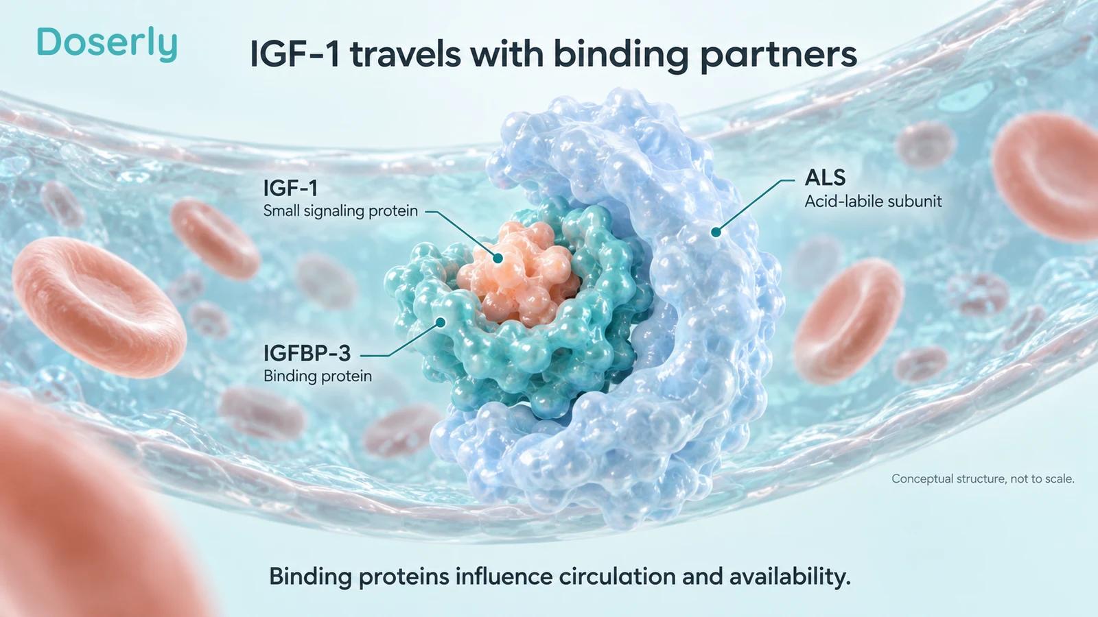 Conceptual IGF-1, IGFBP-3 and ALS complex enlarged within a blood vessel