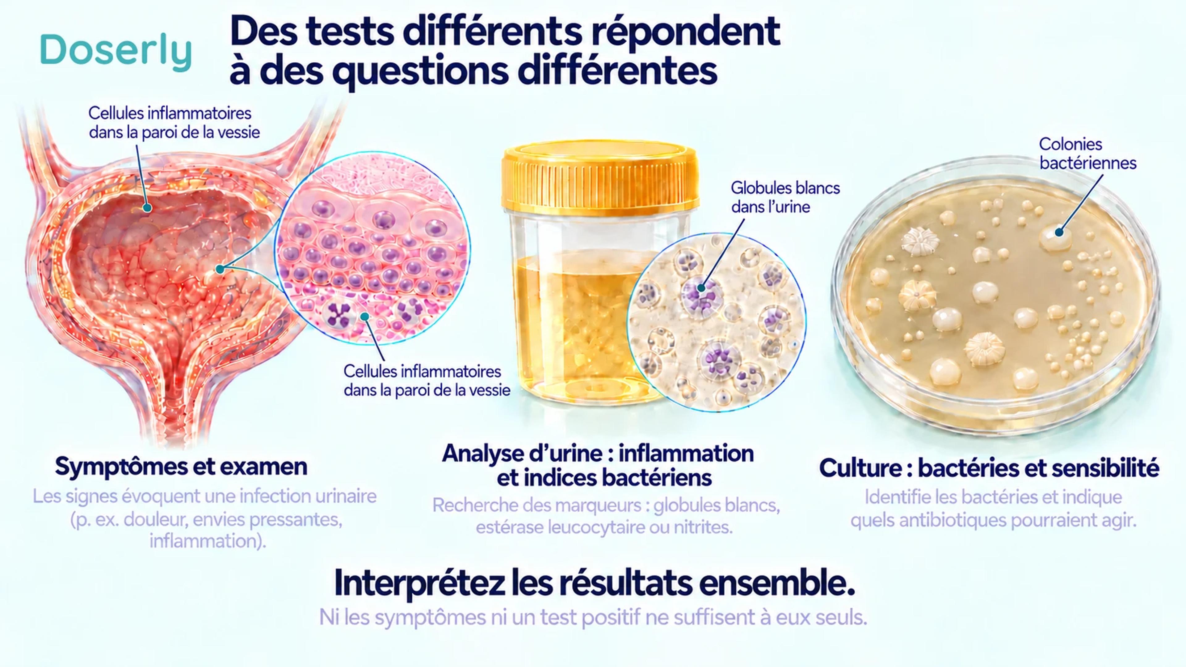 L’anatomie de la vessie, la microscopie urinaire et une boîte de culture expliquent comment les symptômes, l’inflammation et les tests bactériens apportent des renseignements différents.
