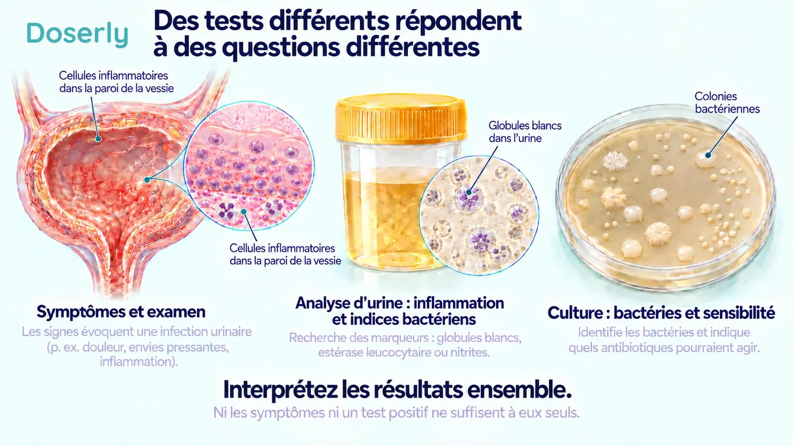 L’anatomie de la vessie, la microscopie urinaire et une boîte de culture expliquent comment les symptômes, l’inflammation et les tests bactériens apportent des renseignements différents.