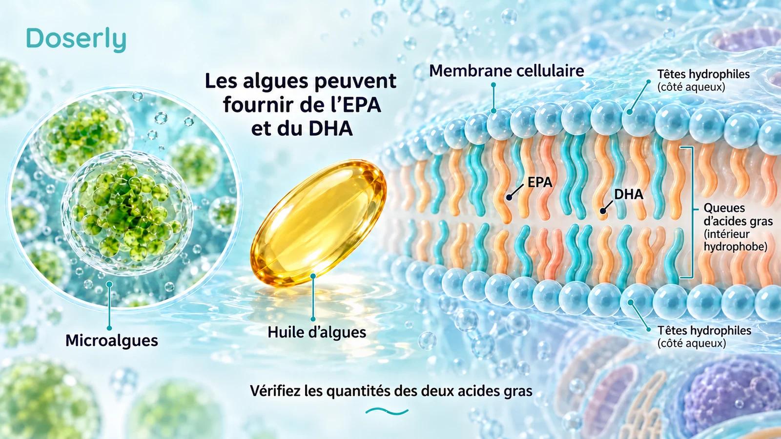 Microalgues, capsule d’huile d’algues et représentation conceptuelle d’une membrane cellulaire avec les mentions EPA et DHA.