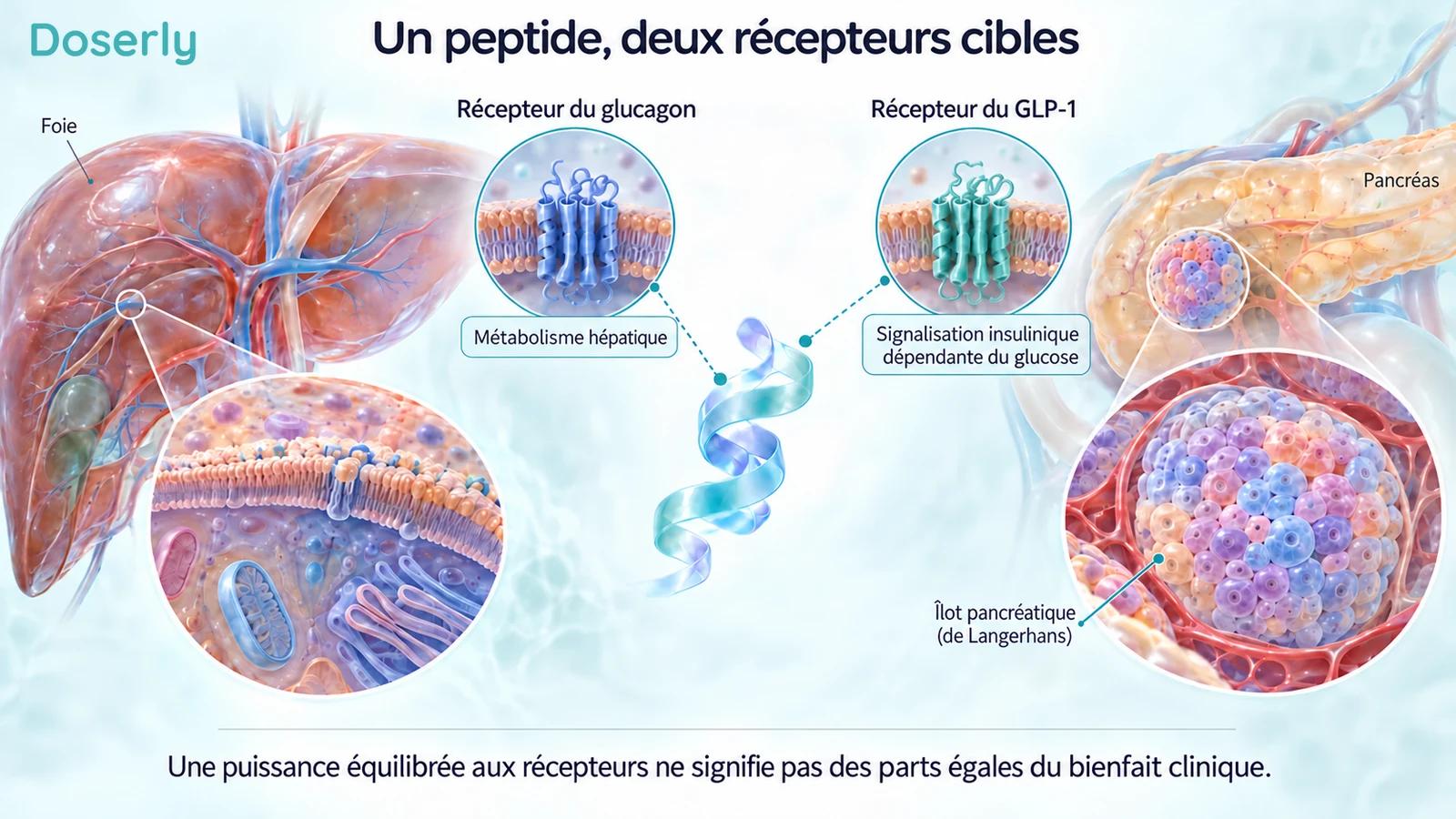 Illustration conceptuelle d’un peptide et de récepteurs reliant la signalisation du GLP-1 au métabolisme hépatique associé au glucagon.