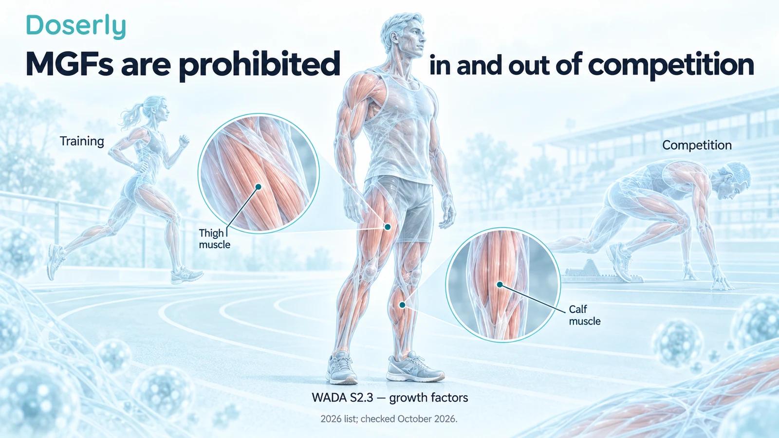 A translucent runner and illustrated training and competition settings identify the MGF growth-factor category without depicting a performance benefit.