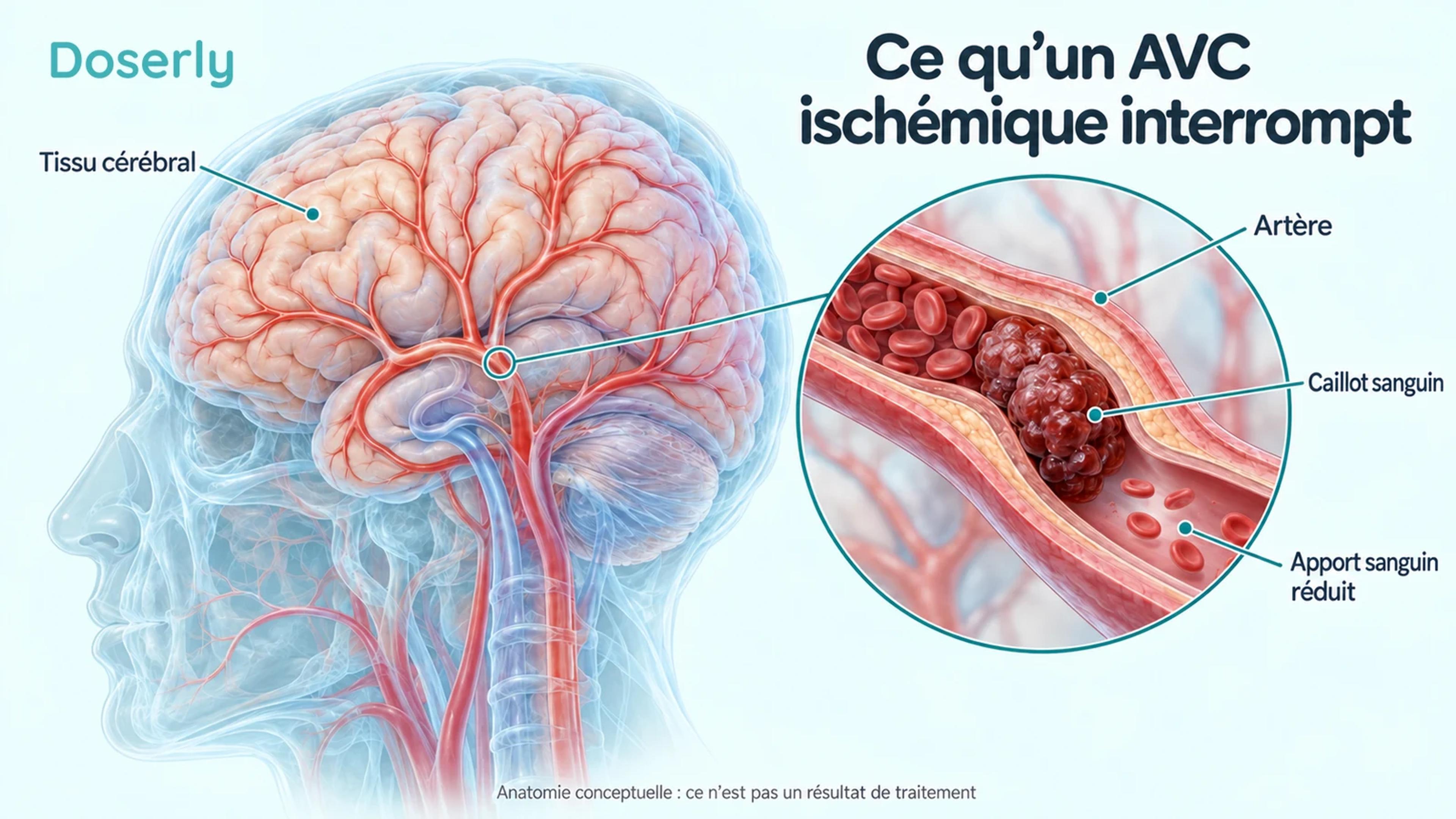Vue détaillée des vaisseaux sanguins du cerveau et agrandissement d’une artère montrant un caillot et une réduction de l’apport sanguin en aval.