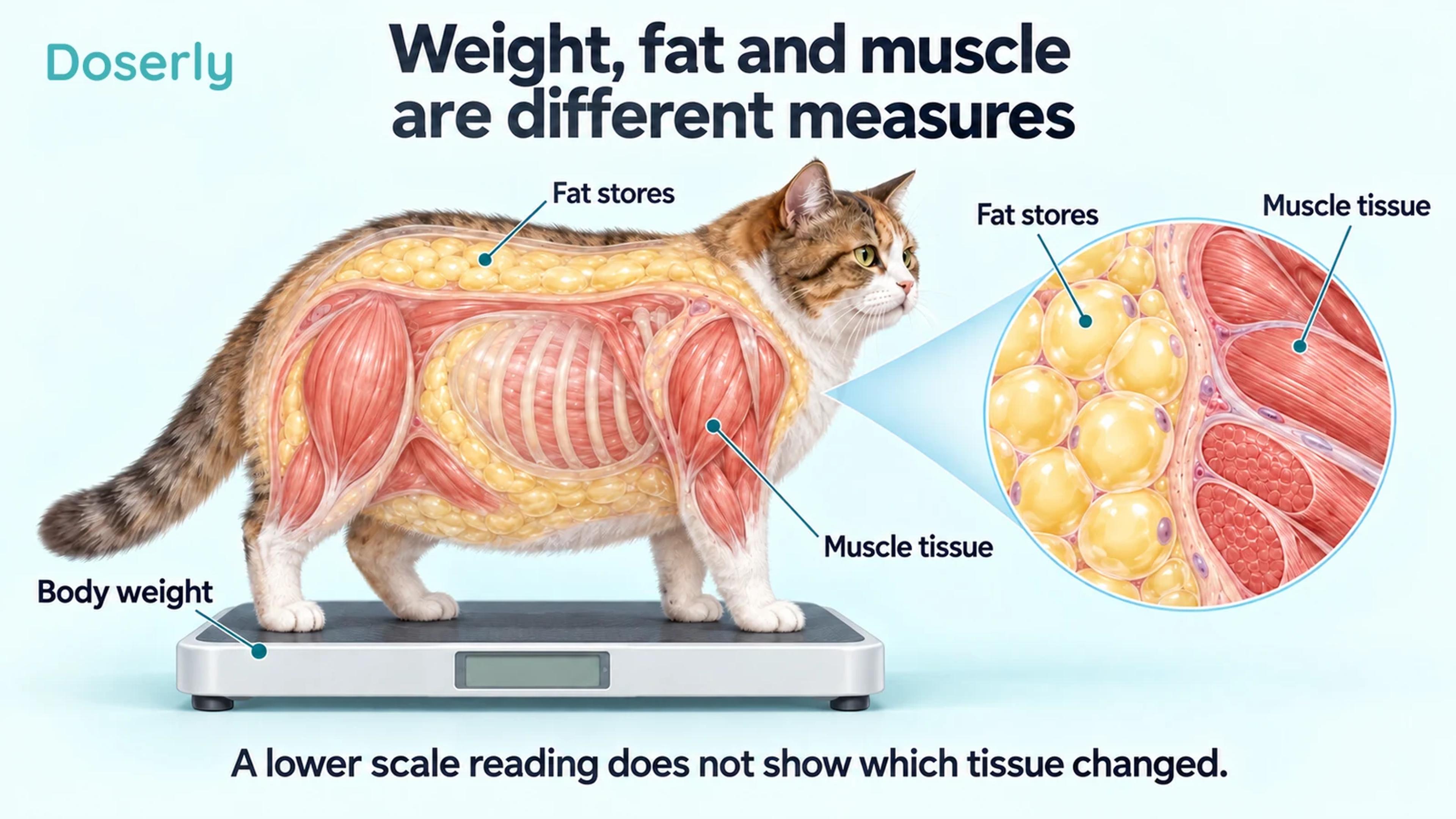 A cat on a scale with translucent fat and muscle layers and an enlarged tissue inset.