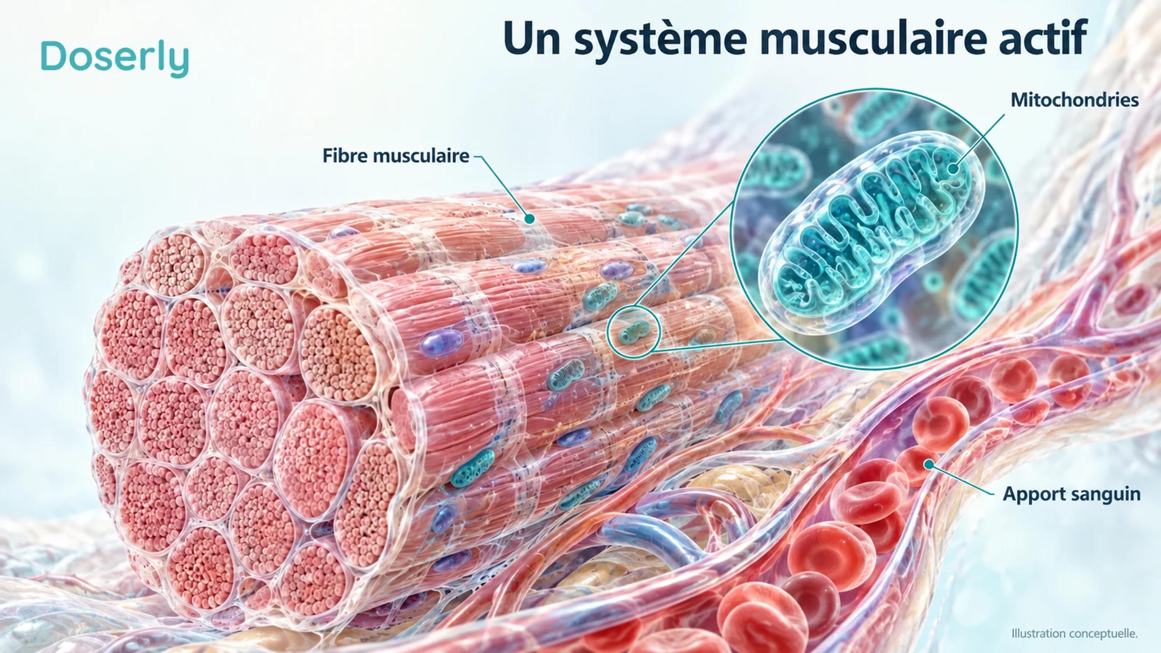 Représentation conceptuelle de fibres musculaires avec des mitochondries adjacentes et un capillaire apportant des globules rouges.