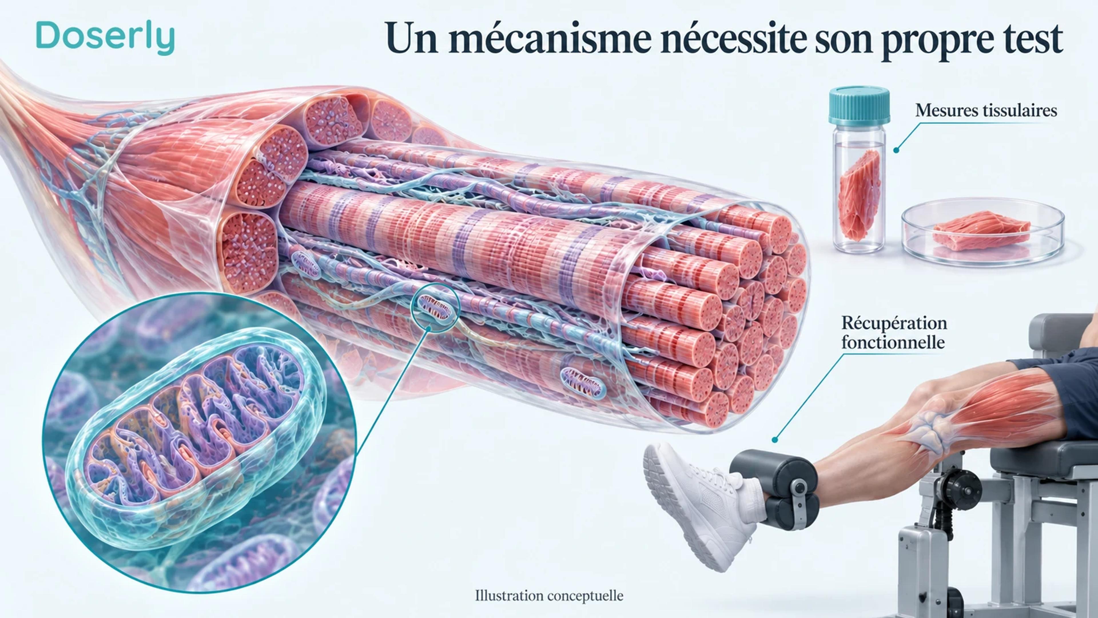 Fibre musculaire squelettique conceptuelle avec une mitochondrie agrandie, à côté d’illustrations distinctes d’un prélèvement tissulaire et d’un test de force.