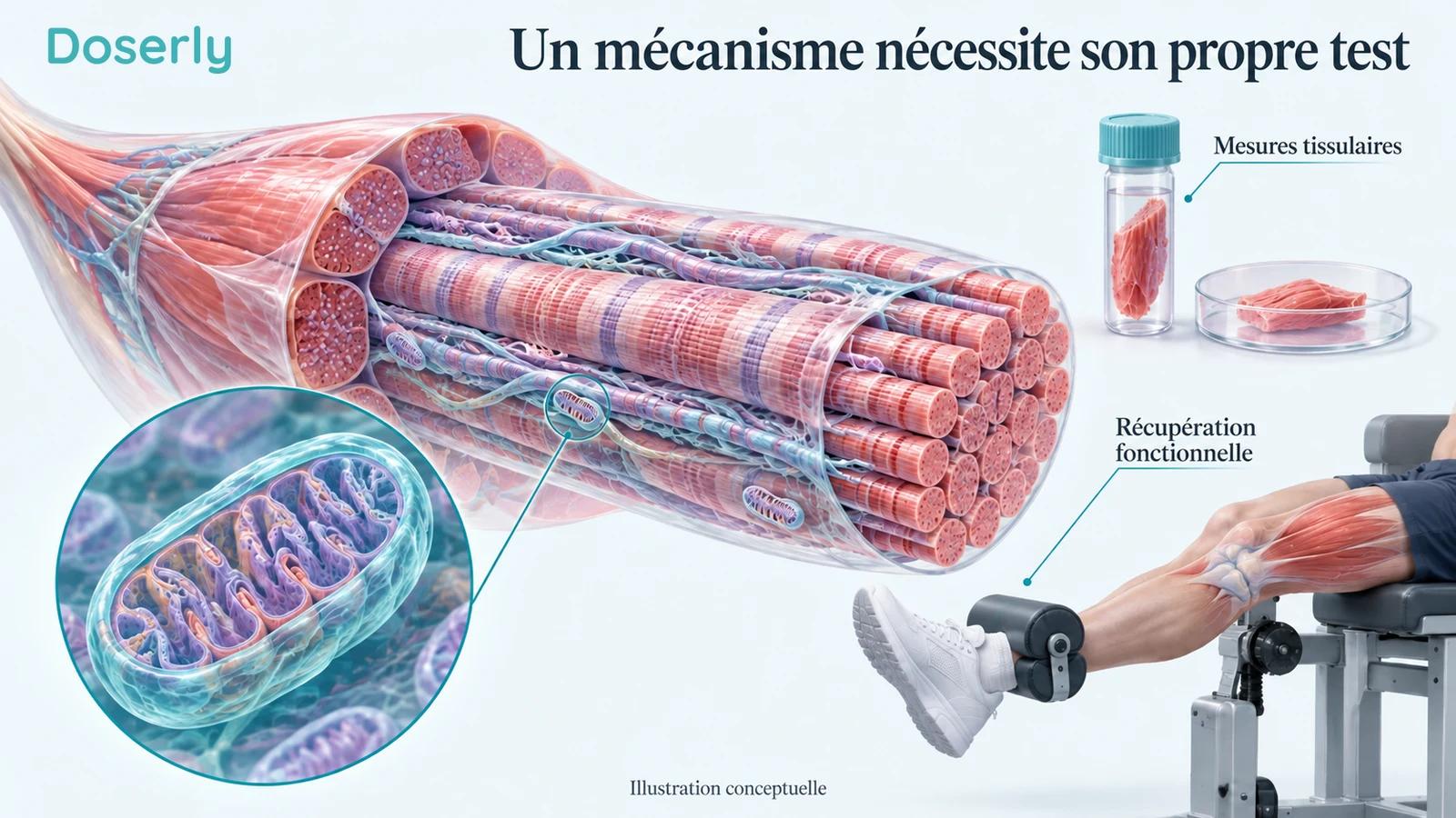 Fibre musculaire squelettique conceptuelle avec une mitochondrie agrandie, à côté d’illustrations distinctes d’un prélèvement tissulaire et d’un test de force.