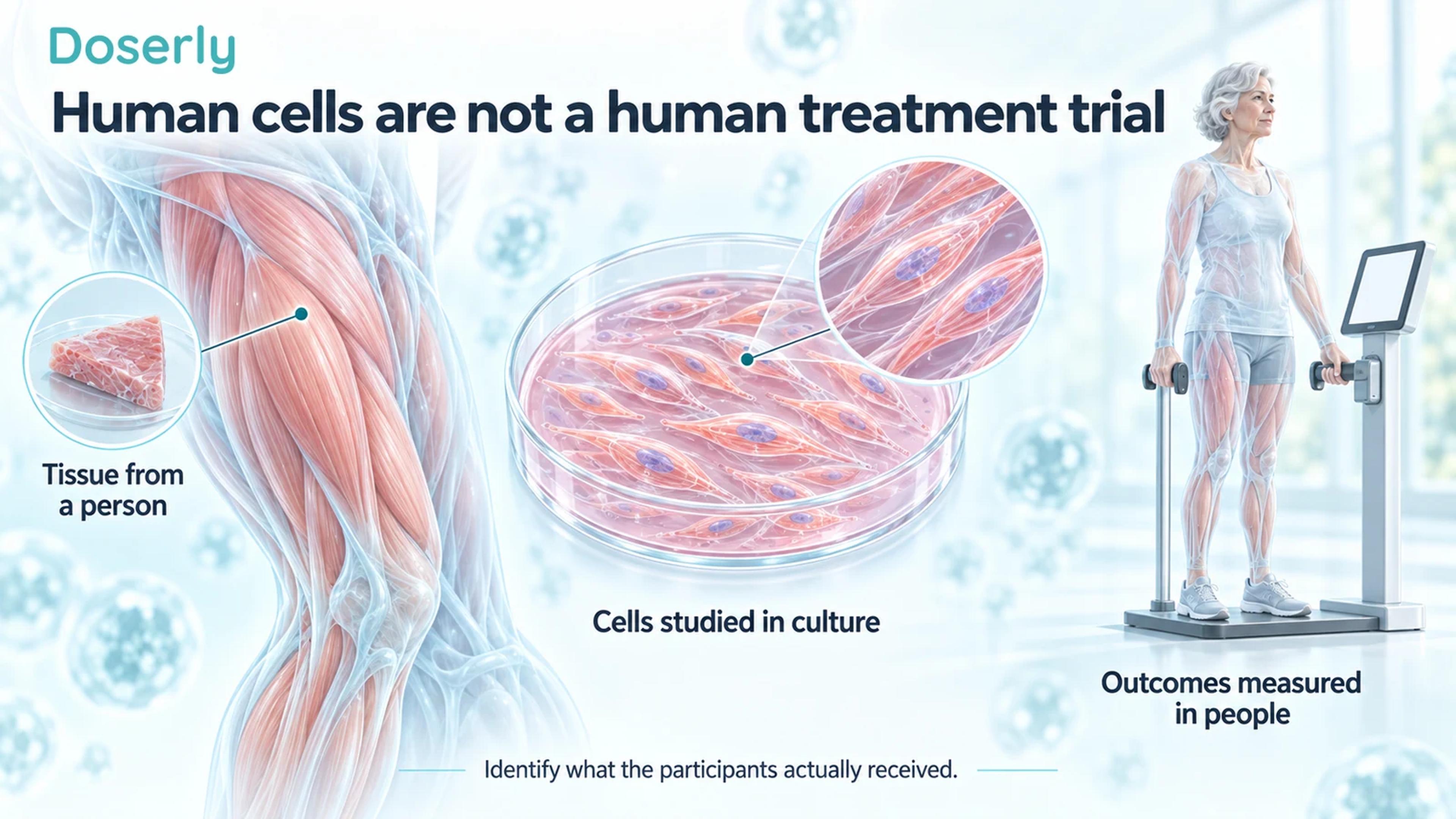 A human muscle sample, cultured muscle cells and a separate person undergoing a clinical assessment illustrate three different research settings.