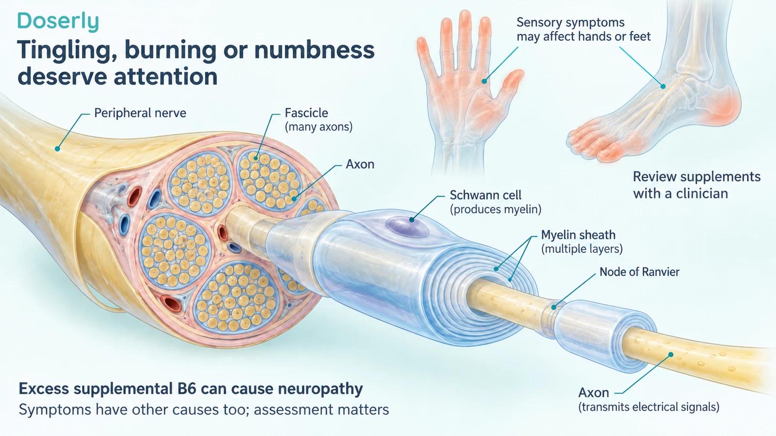 Peripheral nerve anatomy with fascicles, a myelinated axon and illustrated hand and foot symptom locations.