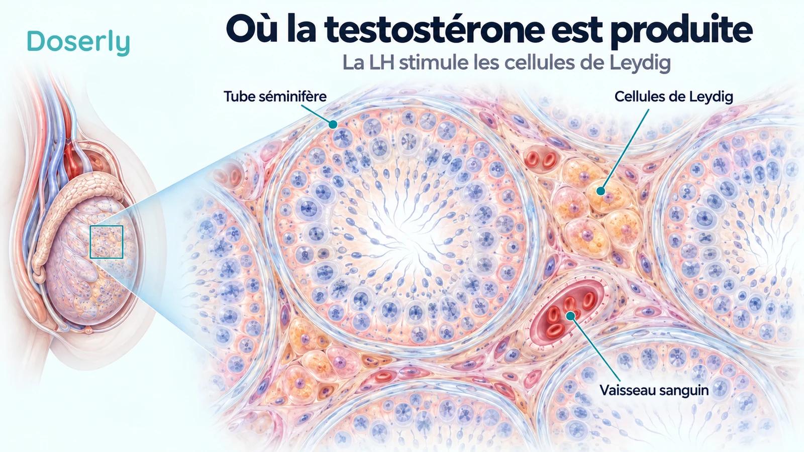Une coupe agrandie de testicule montre les cellules de Leydig entre les tubes séminifères et les vaisseaux sanguins à proximité.