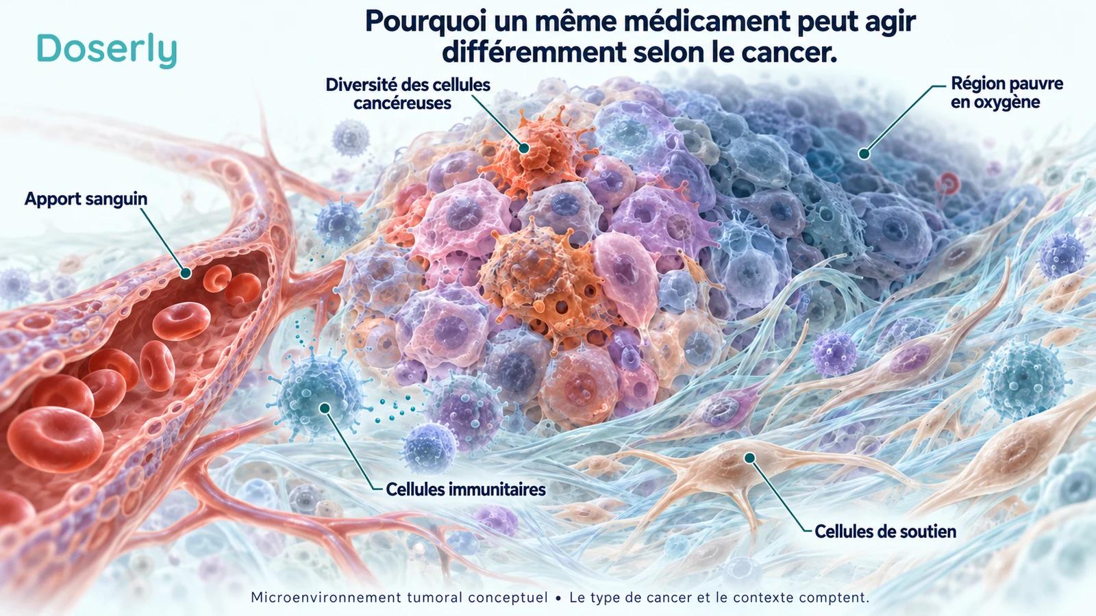 Coupe d’une tumeur conceptuelle montrant diverses cellules cancéreuses, du tissu de soutien, des cellules immunitaires, des vaisseaux sanguins et une région pauvre en oxygène.
