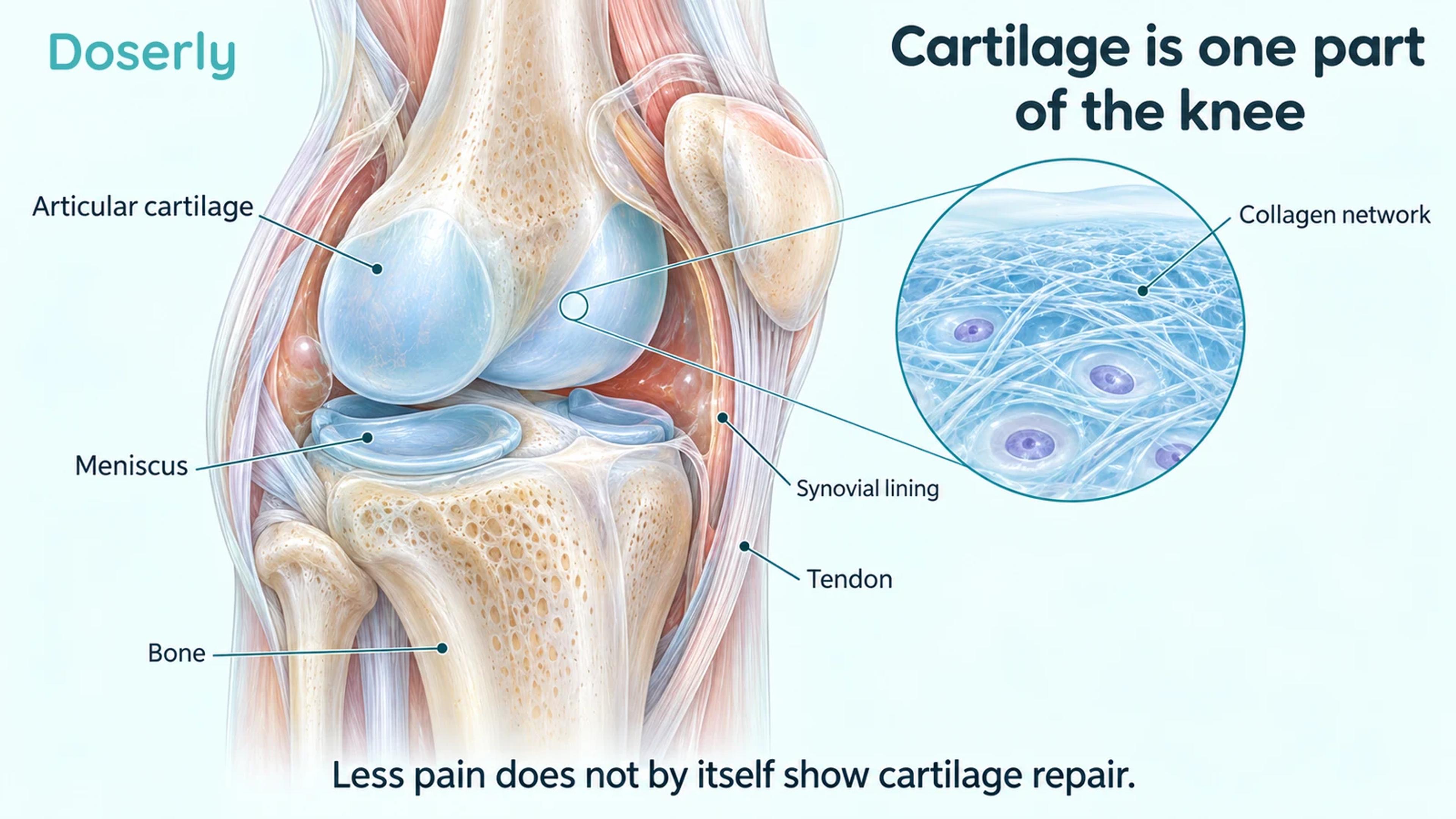 A knee cutaway labels articular cartilage, meniscus, bone, synovial lining and tendon, with an enlarged collagen network.