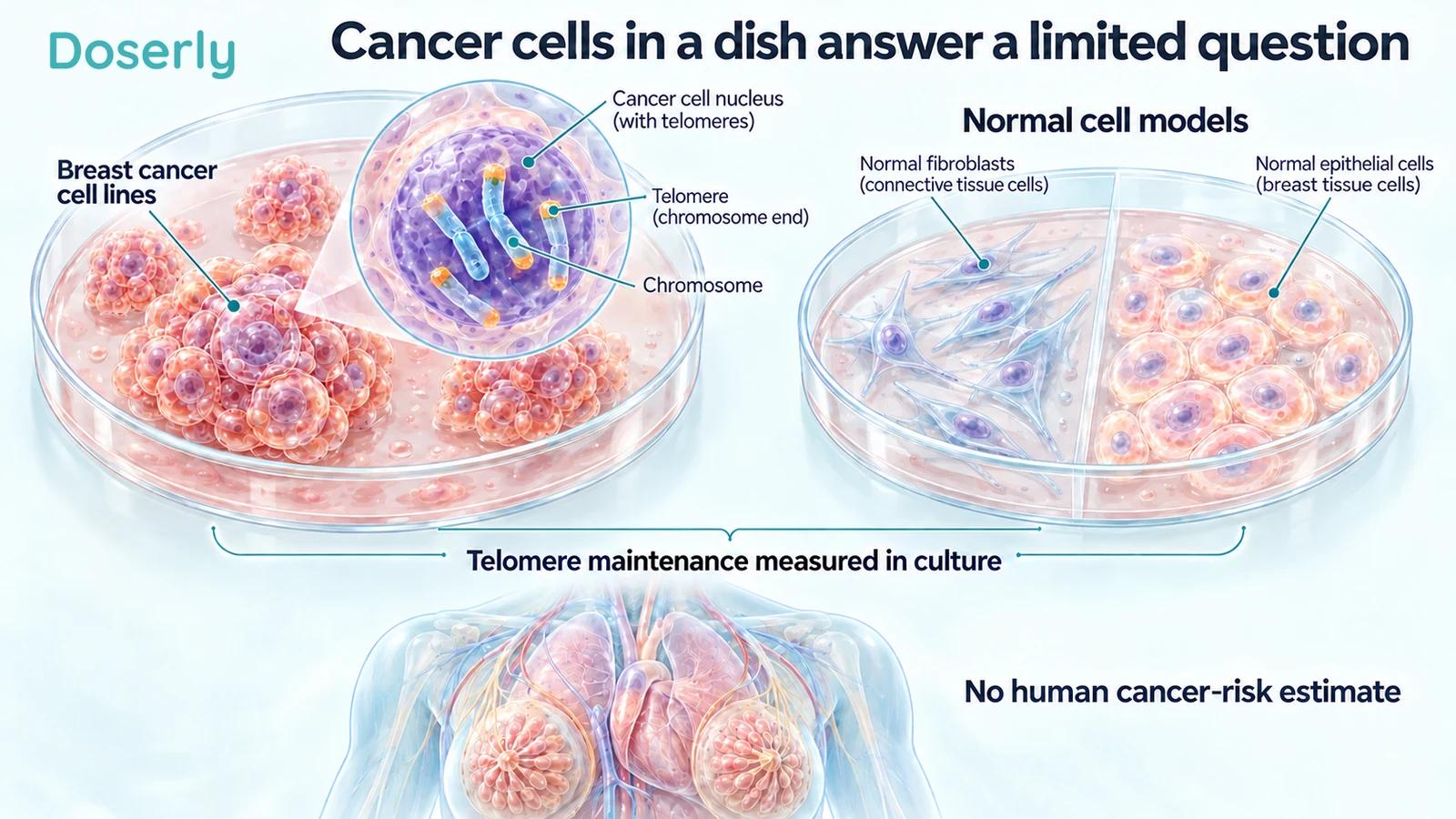 Separate cancer and normal-cell culture models with enlarged chromosome ends, above a conceptual human torso.