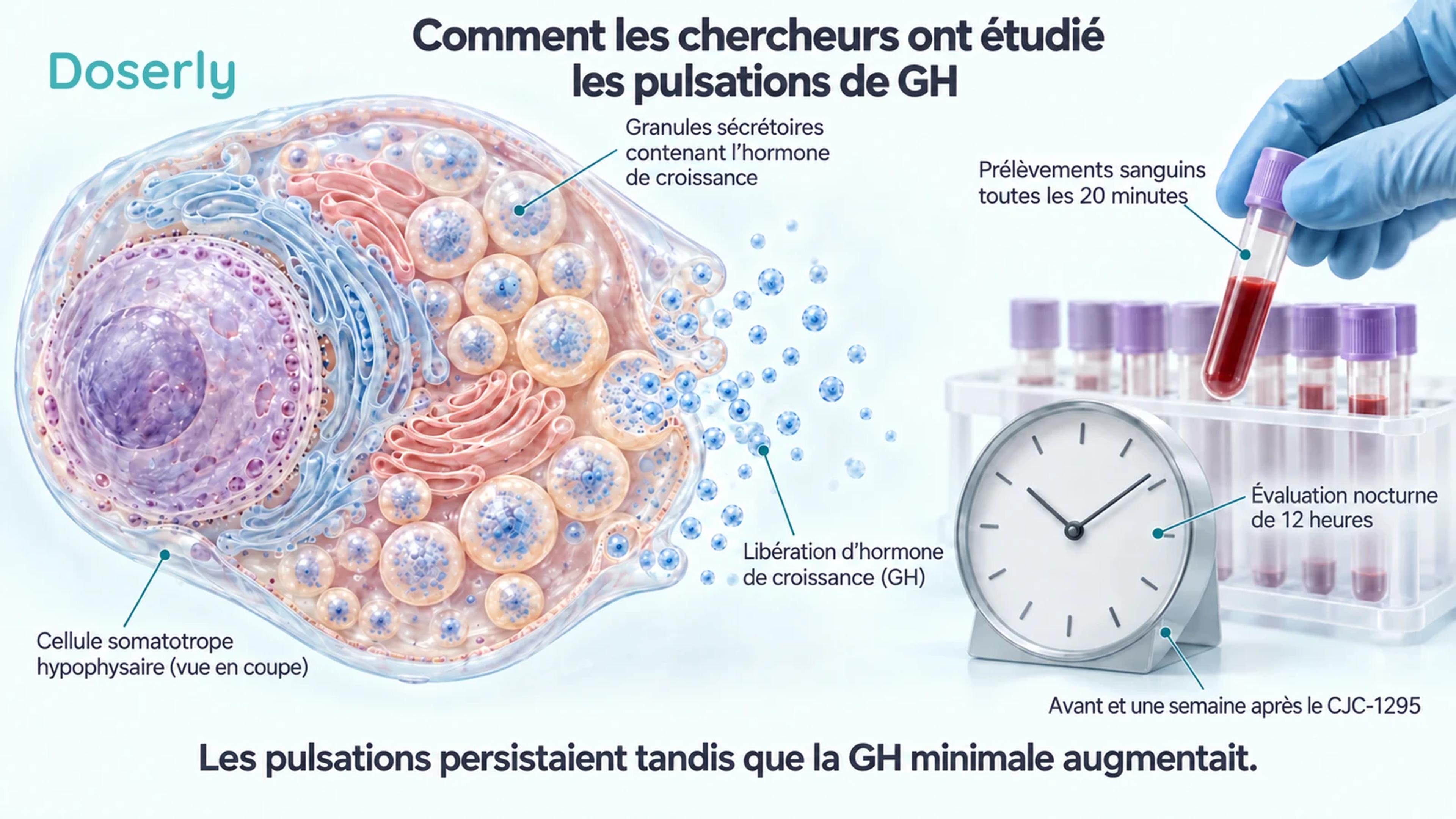 Une cellule sécrétrice hypophysaire détaillée à côté d’échantillons de sang et d’une horloge illustre les prélèvements nocturnes répétés de l’étude des pulsations sous CJC-1295.