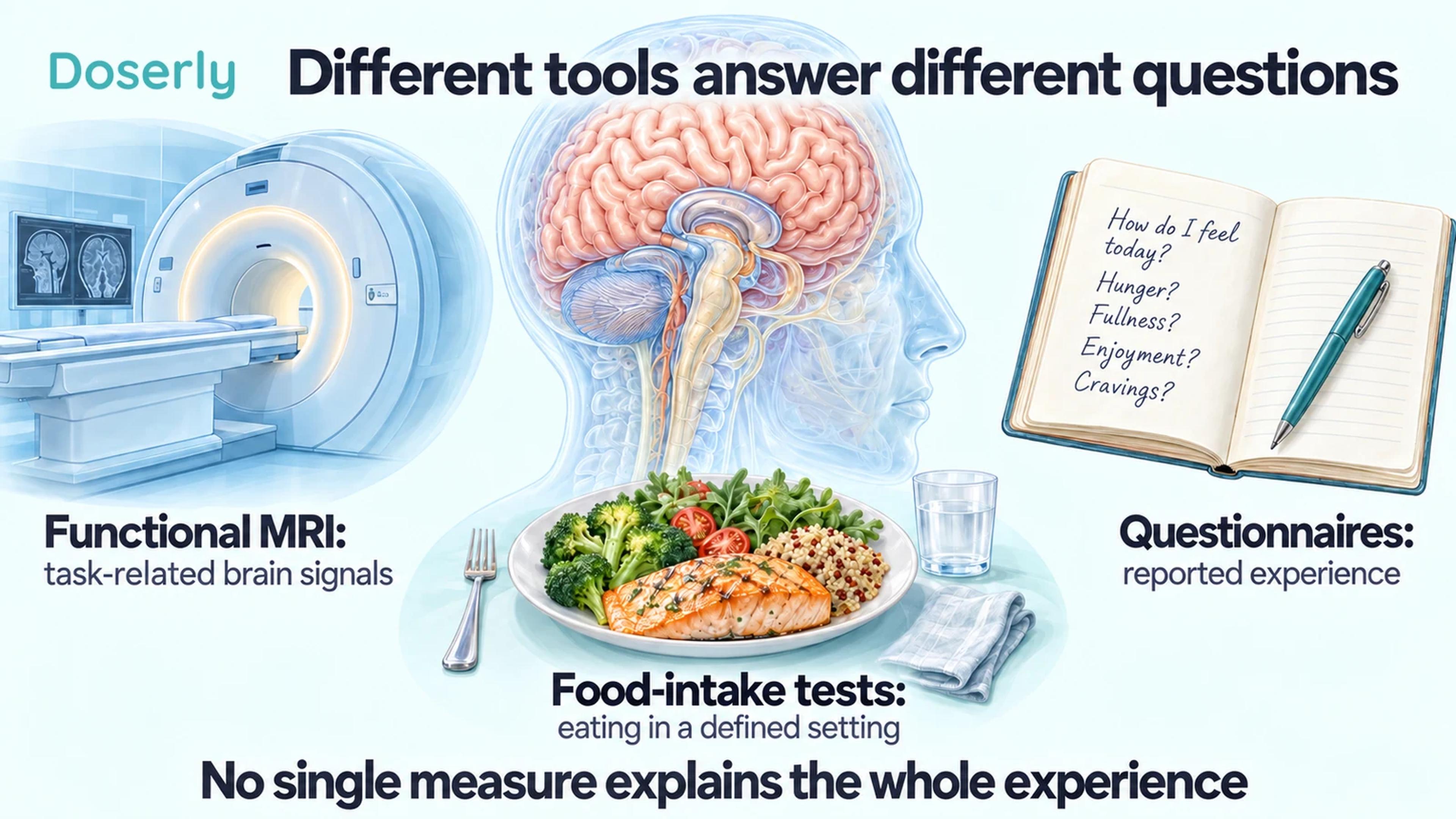 An anatomical brain, MRI scanner, journal and meal illustrate different research measurements
