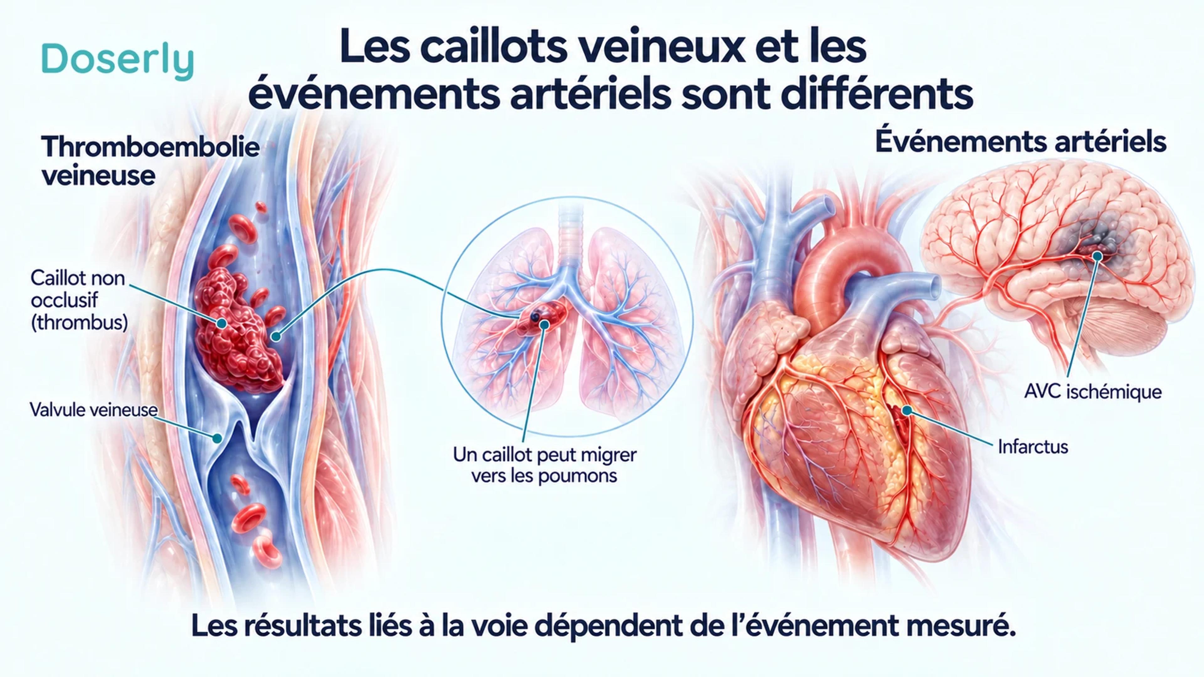 Illustration de type atlas distinguant un caillot veineux profond et une embolie pulmonaire des événements artériels touchant le cœur et le cerveau.