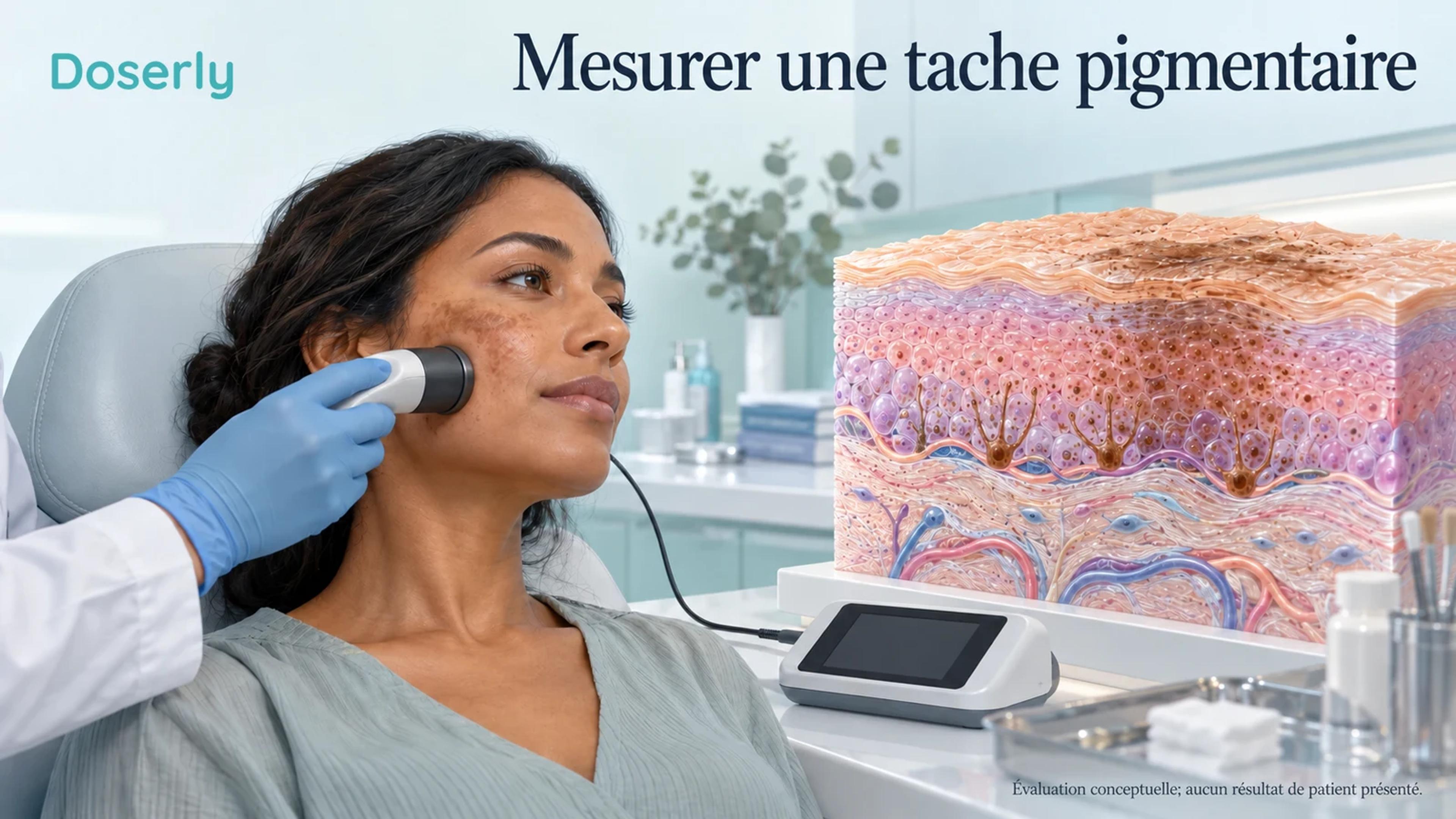 Un clinicien mesure le pigment de la joue d’une femme avec une sonde portative, à côté d’un modèle détaillé de l’épiderme.