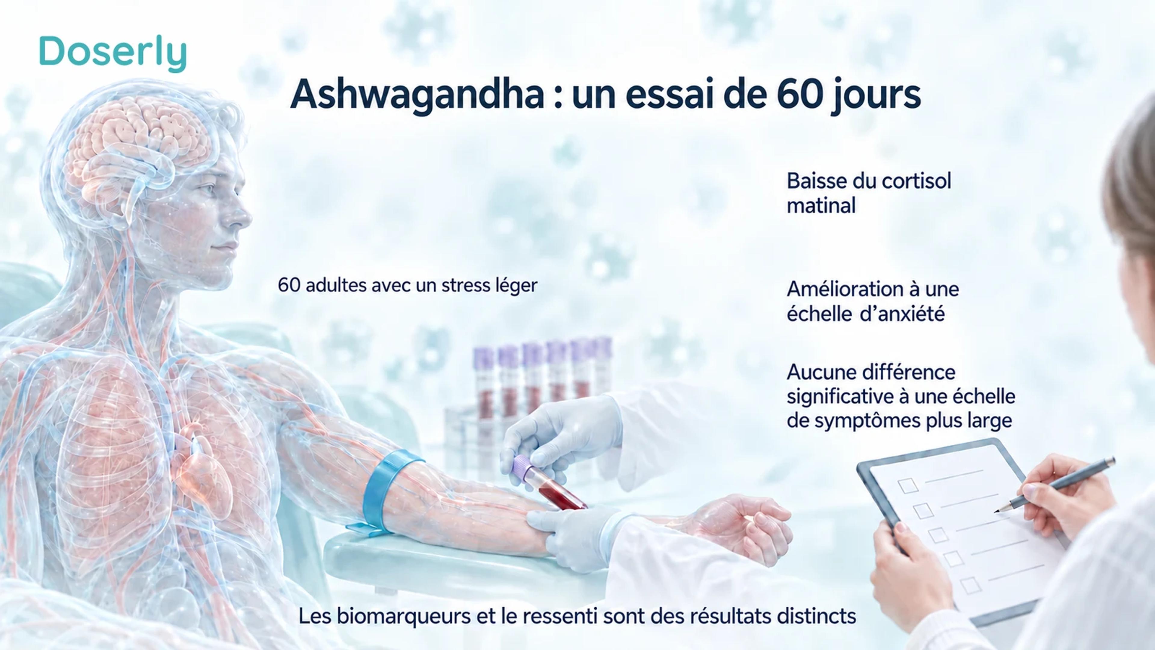 Une prise de sang illustrée et un questionnaire sur les symptômes montrent les résultats mitigés de l’essai de 60 jours sur l’ashwagandha : cortisol matinal plus bas, amélioration à une échelle d’anxiété et aucune différence significative à une échelle de symptômes plus large.