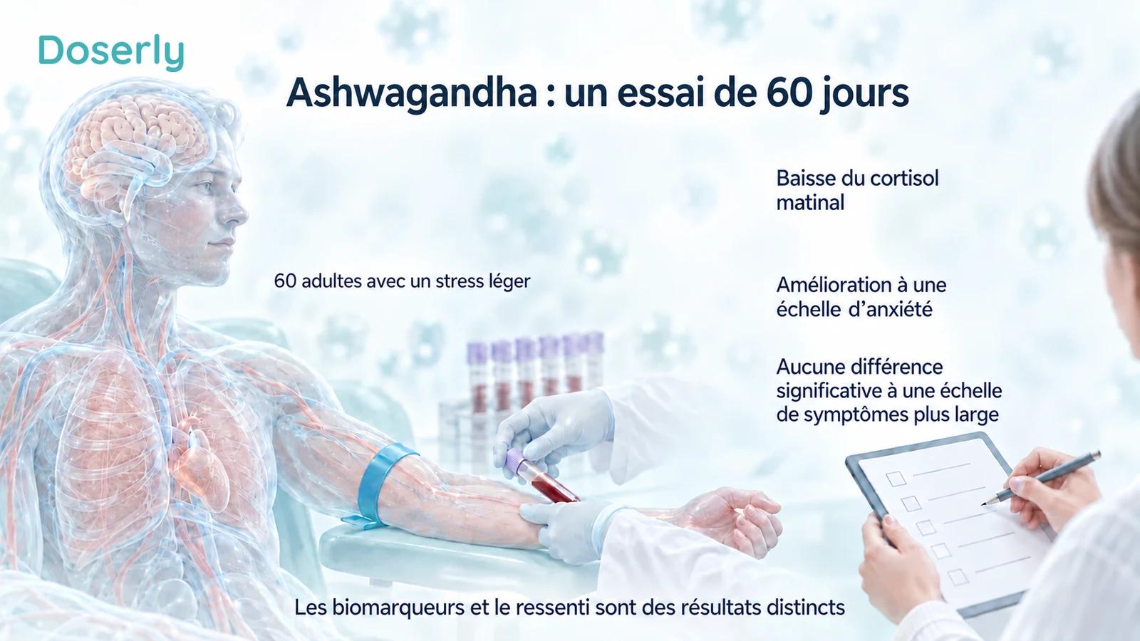 Une prise de sang illustrée et un questionnaire sur les symptômes montrent les résultats mitigés de l’essai de 60 jours sur l’ashwagandha : cortisol matinal plus bas, amélioration à une échelle d’anxiété et aucune différence significative à une échelle de symptômes plus large.