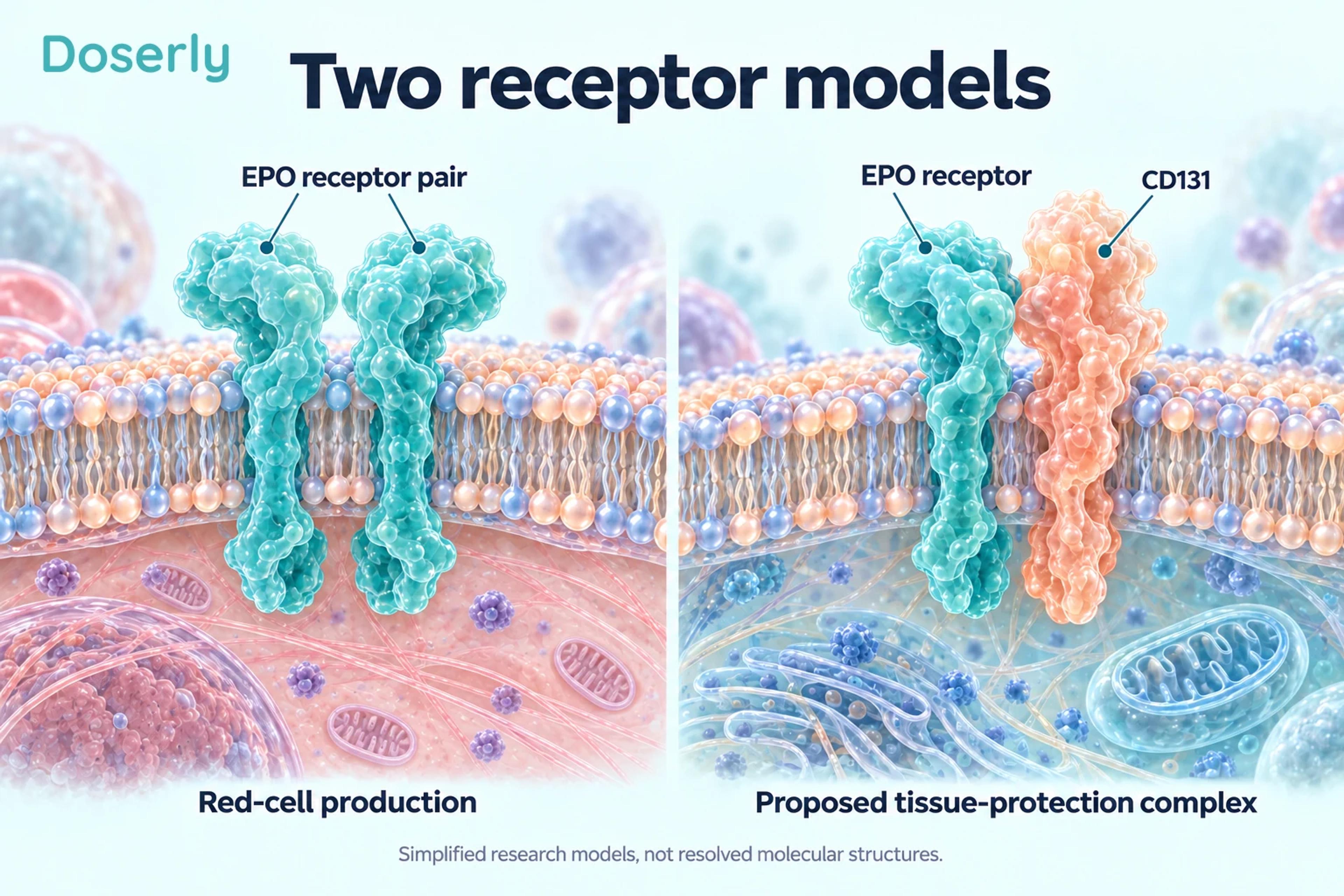 Two conceptual cell-membrane models show an EPO receptor pair and a proposed EPO receptor–CD131 complex.