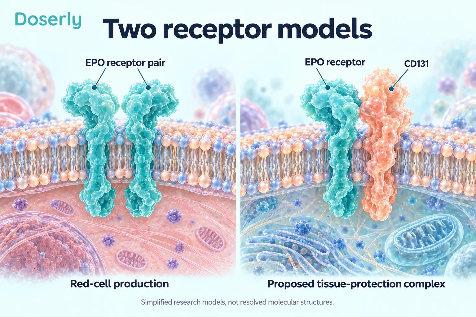 Two conceptual cell-membrane models show an EPO receptor pair and a proposed EPO receptor–CD131 complex.