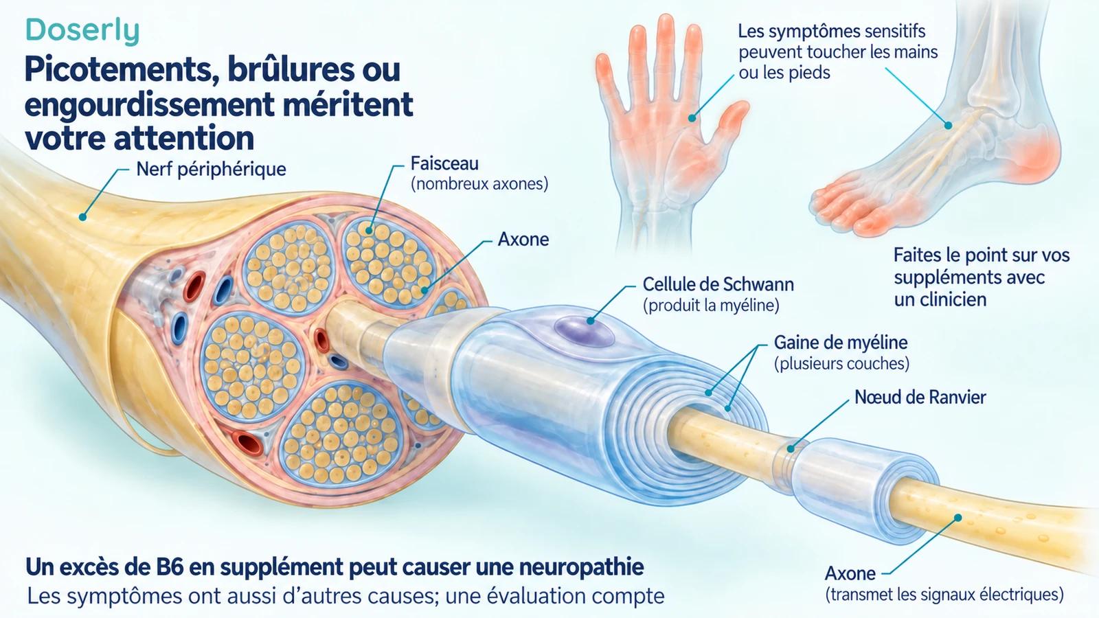 Anatomie d’un nerf périphérique avec des faisceaux, un axone myélinisé et les zones de symptômes illustrées sur la main et le pied.