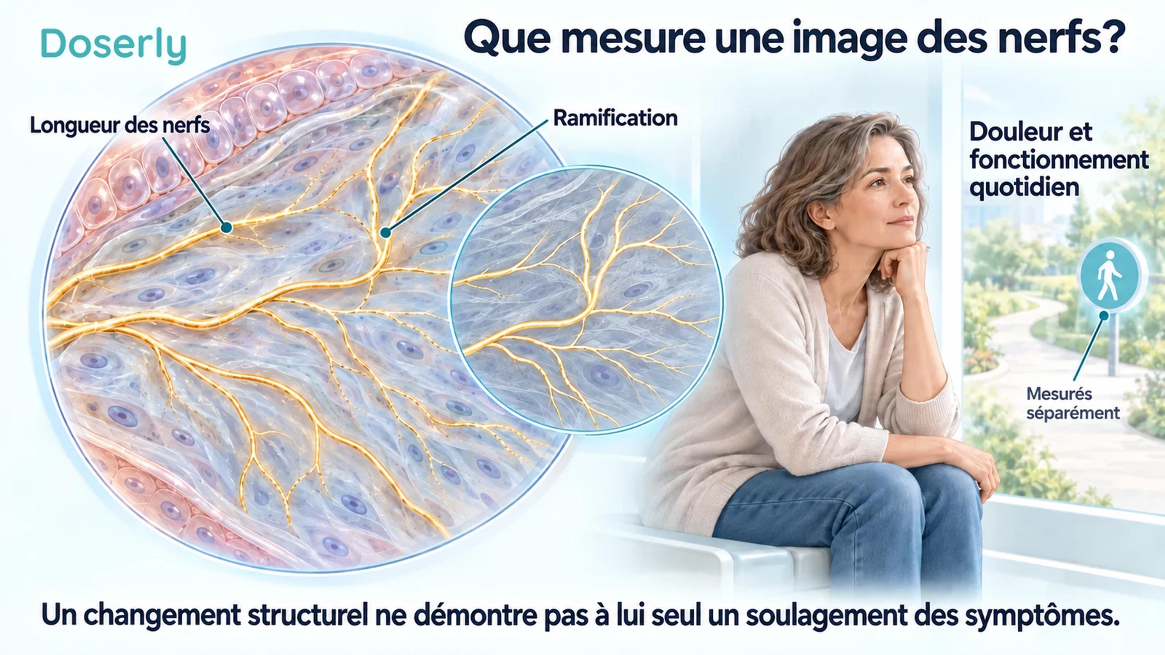 Fibres nerveuses cornéennes ramifiées avec un encadré de traçage, présentées séparément d’une personne et d’un parcours de marche.