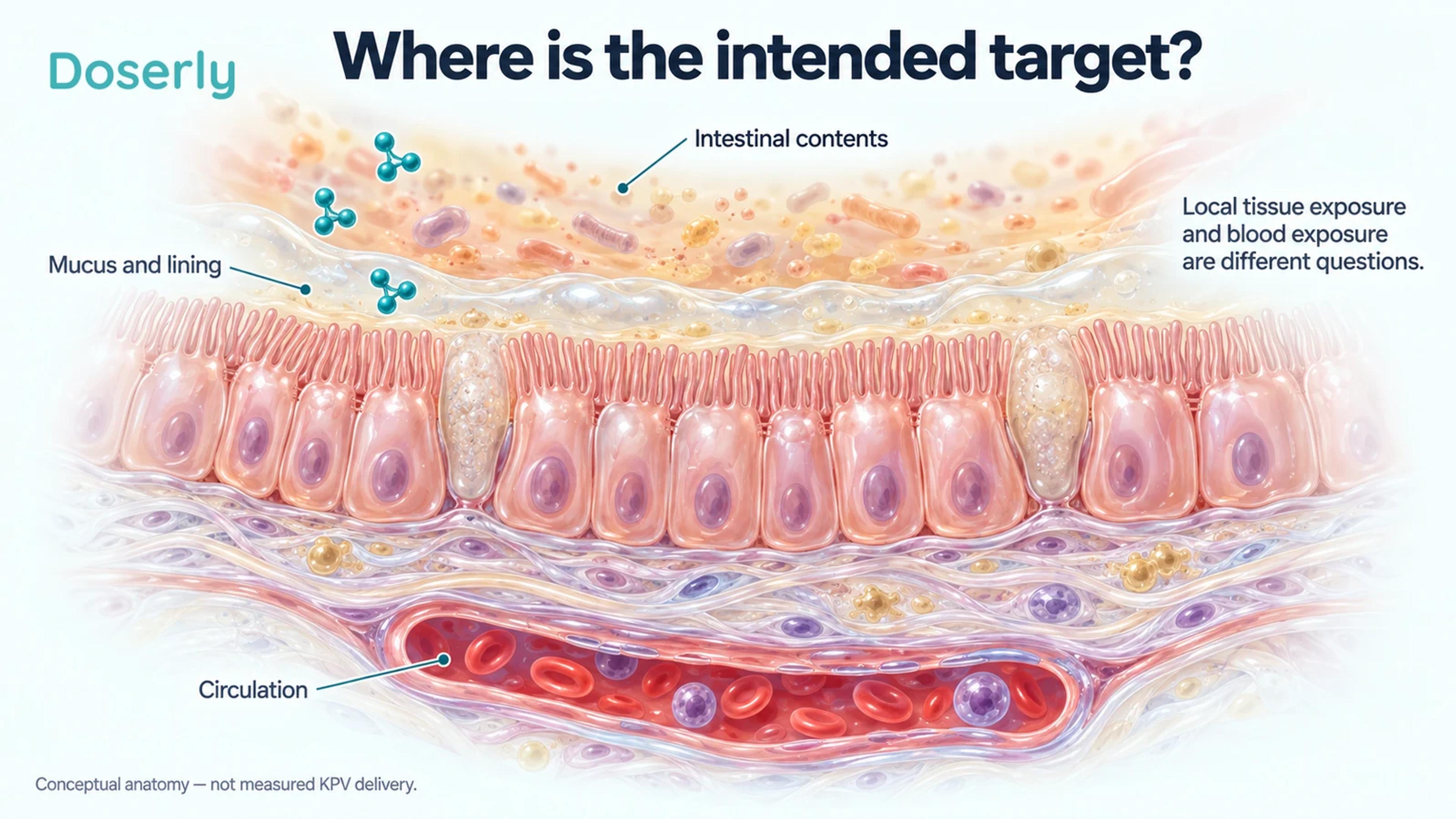 An intestinal wall cutaway distinguishes intestinal contents, mucus and lining, and circulation beneath the tissue.