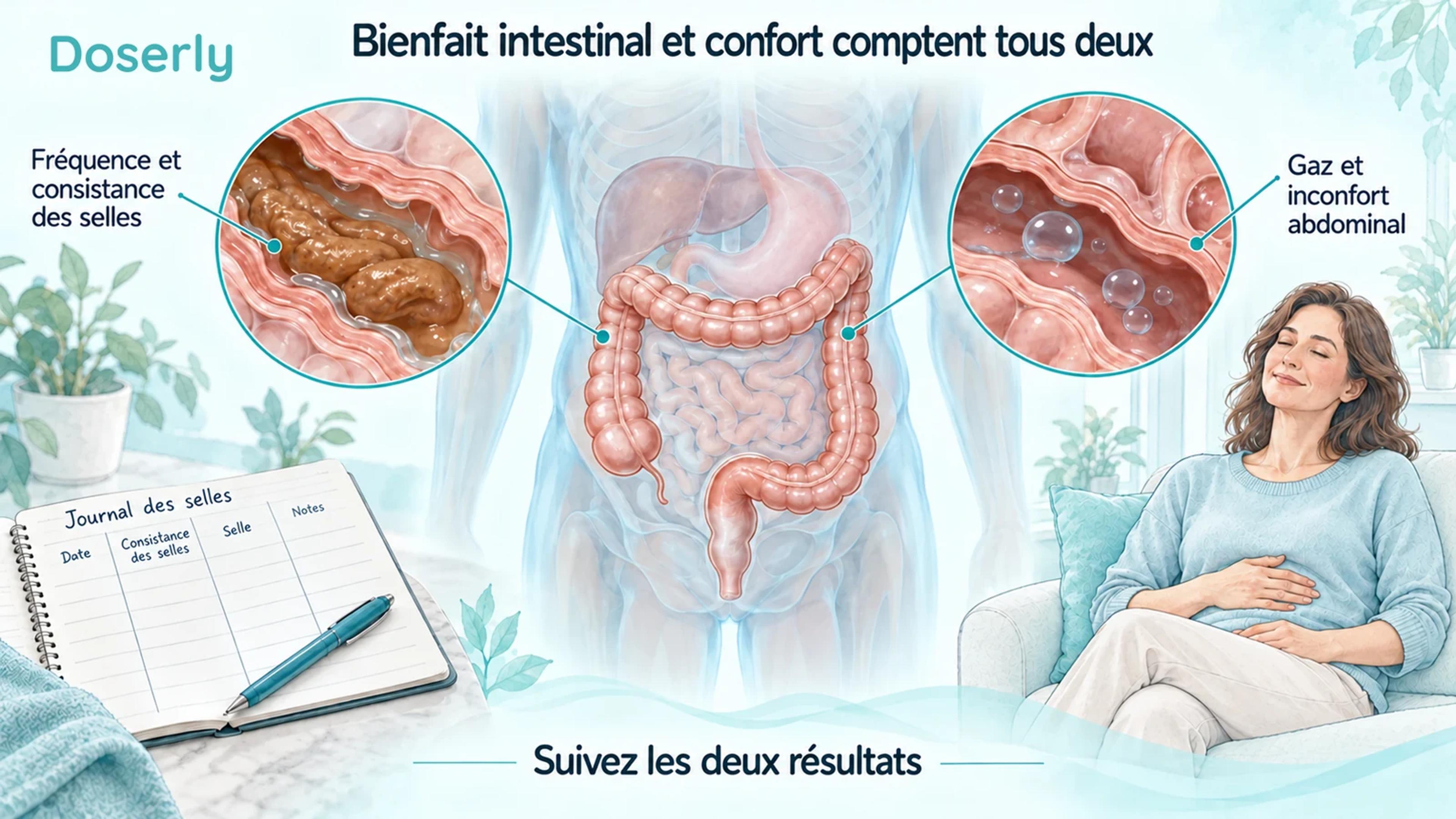 Illustration du côlon montrant la consistance et la fréquence des selles d’un côté, et les gaz et l’inconfort abdominal de l’autre.
