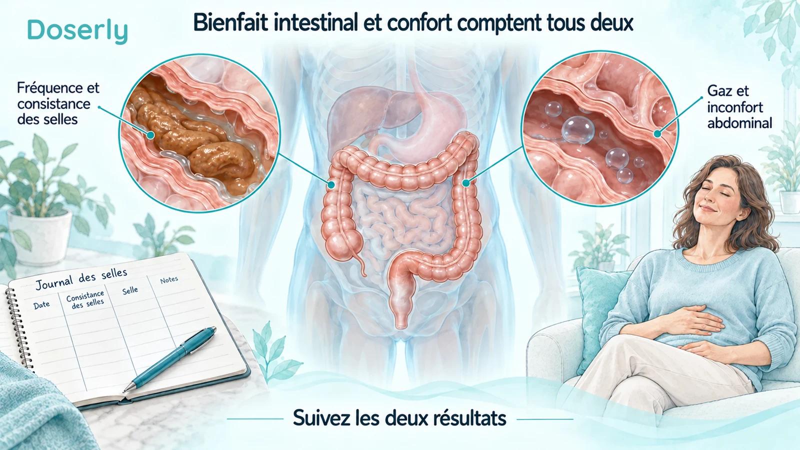 Illustration du côlon montrant la consistance et la fréquence des selles d’un côté, et les gaz et l’inconfort abdominal de l’autre.