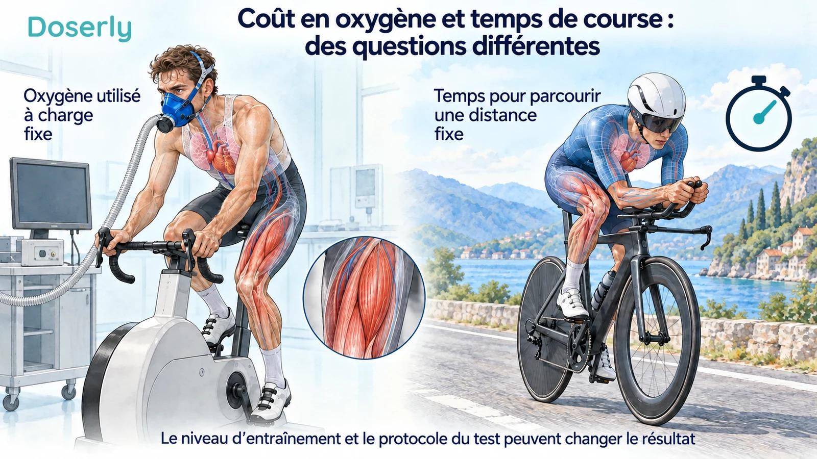 Un cycliste portant un masque d’analyse des gaz en laboratoire et un cycliste effectuant un contre-la-montre illustrent des résultats différents.
