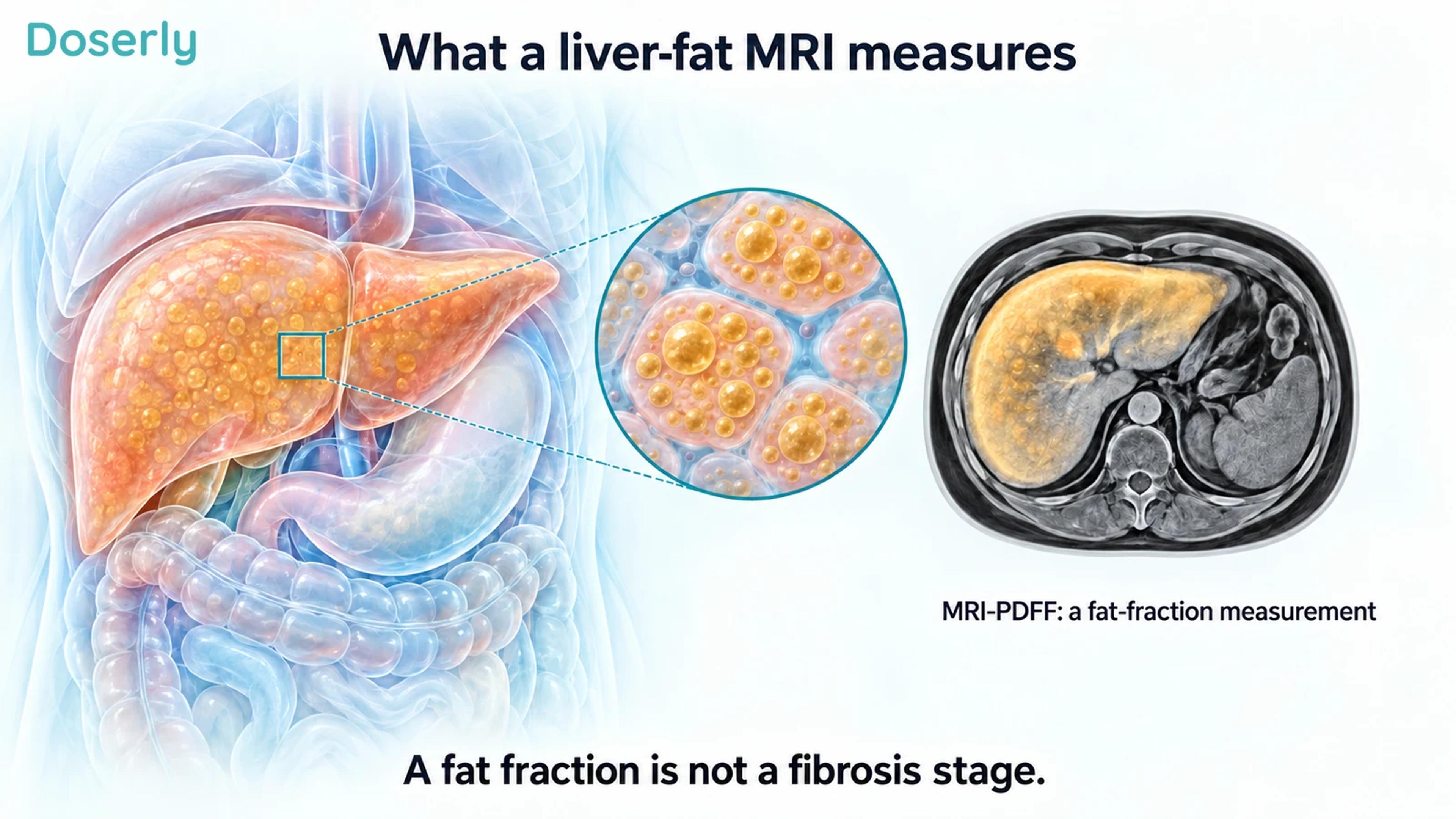 Liver and hepatocyte illustration explaining fat and water signals in a conceptual MRI fat-fraction measurement.