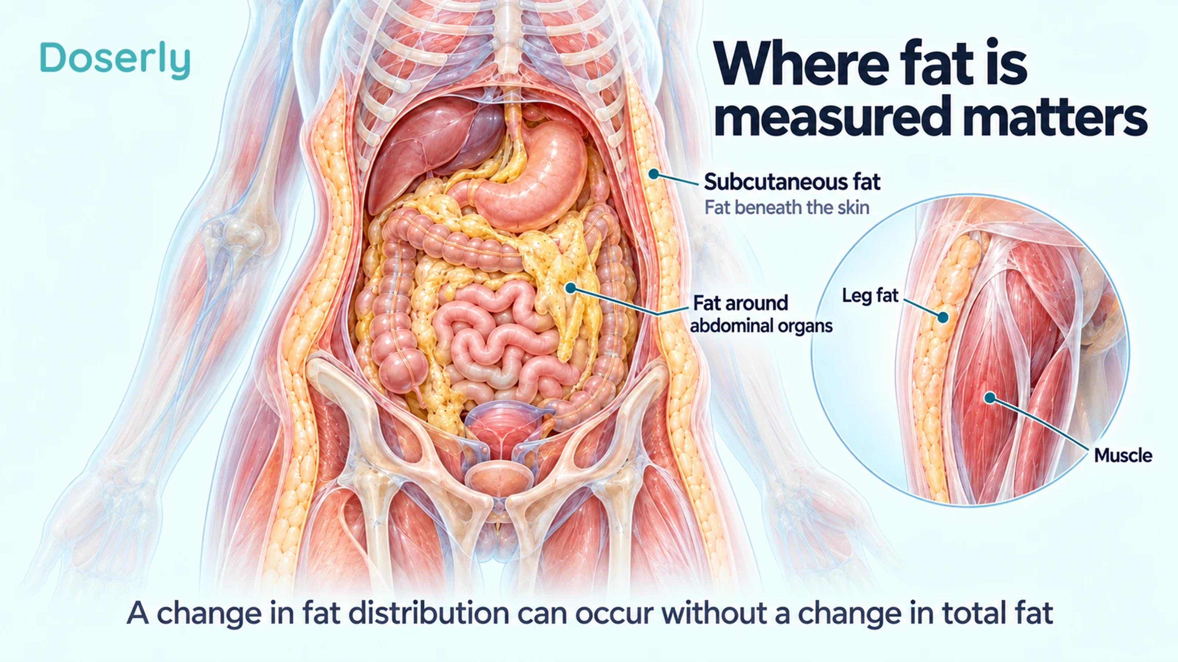 Torso cutaway showing fat beneath the skin and around abdominal organs, with a separate thigh inset showing leg fat and muscle.